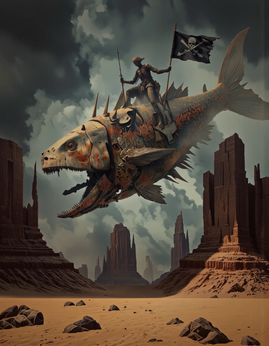 Art by Alexey Egorov. A digital illustration shoot from below about a stylized pirate ship with a skeletal figure riding on top of it, accompanied by a pirate flag. the image also shows a desert landscape with rocky formations and a dark, stormy sky in the background. on the middle of the image, a large, menacing fish-like creature appears to be floating in the air, with spikes on its body and a long, pointed snout protruding from its mouth. the creature is holding a small, black pirate flag with a white cross on it, and the skeletal figure is standing on the back of the creature, holding a weapon in its hands.