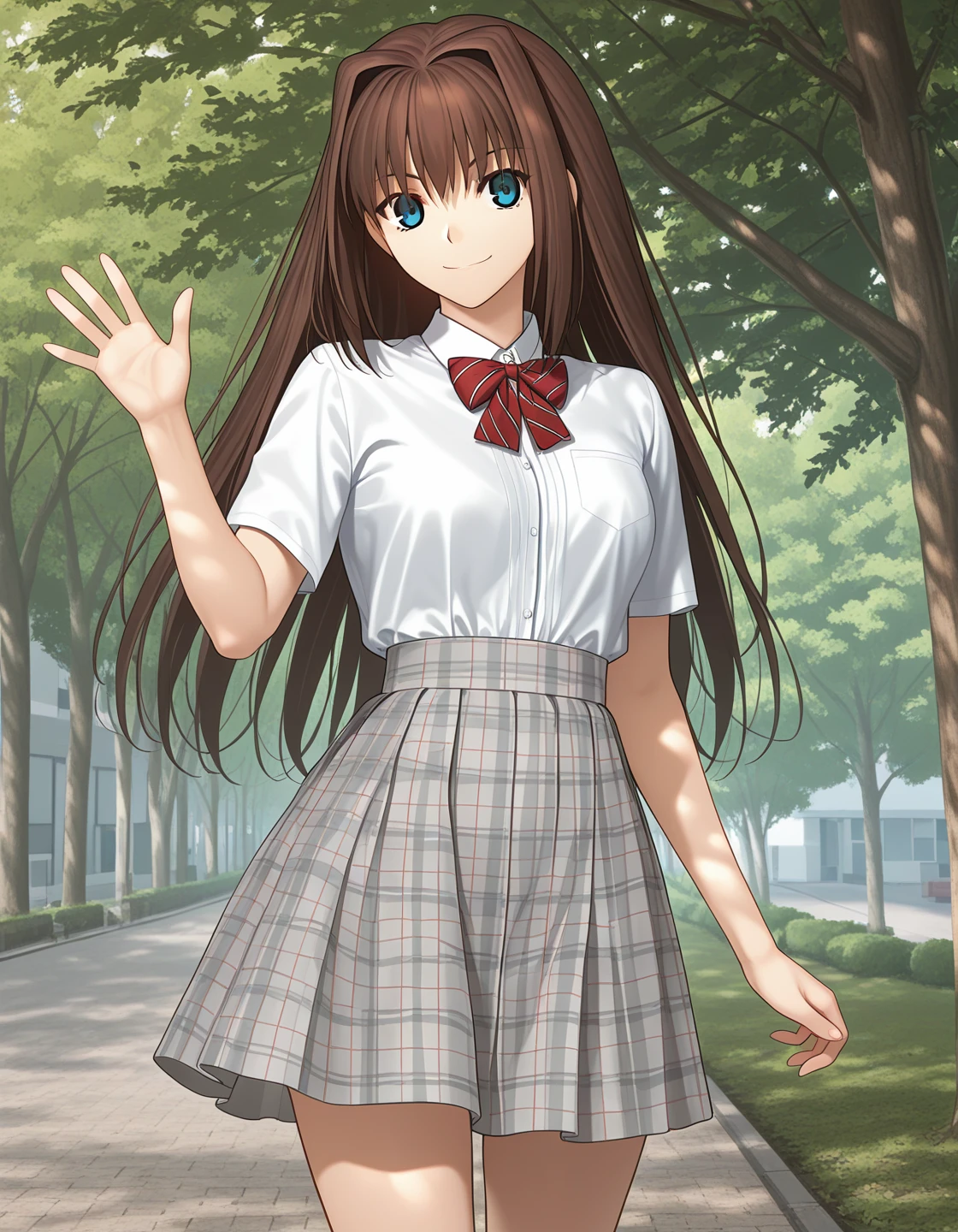 1girl, solo, aozaki aoko, brown hair, long hair, hair intakes, blue eyes, smile, white shirt, short sleeves, red bow, striped bow, plaid skirt, grey skirt, waving, cowboy shot, outdoors, tree, <lora:aozaki_aoko_ilxl_v1:0.8>