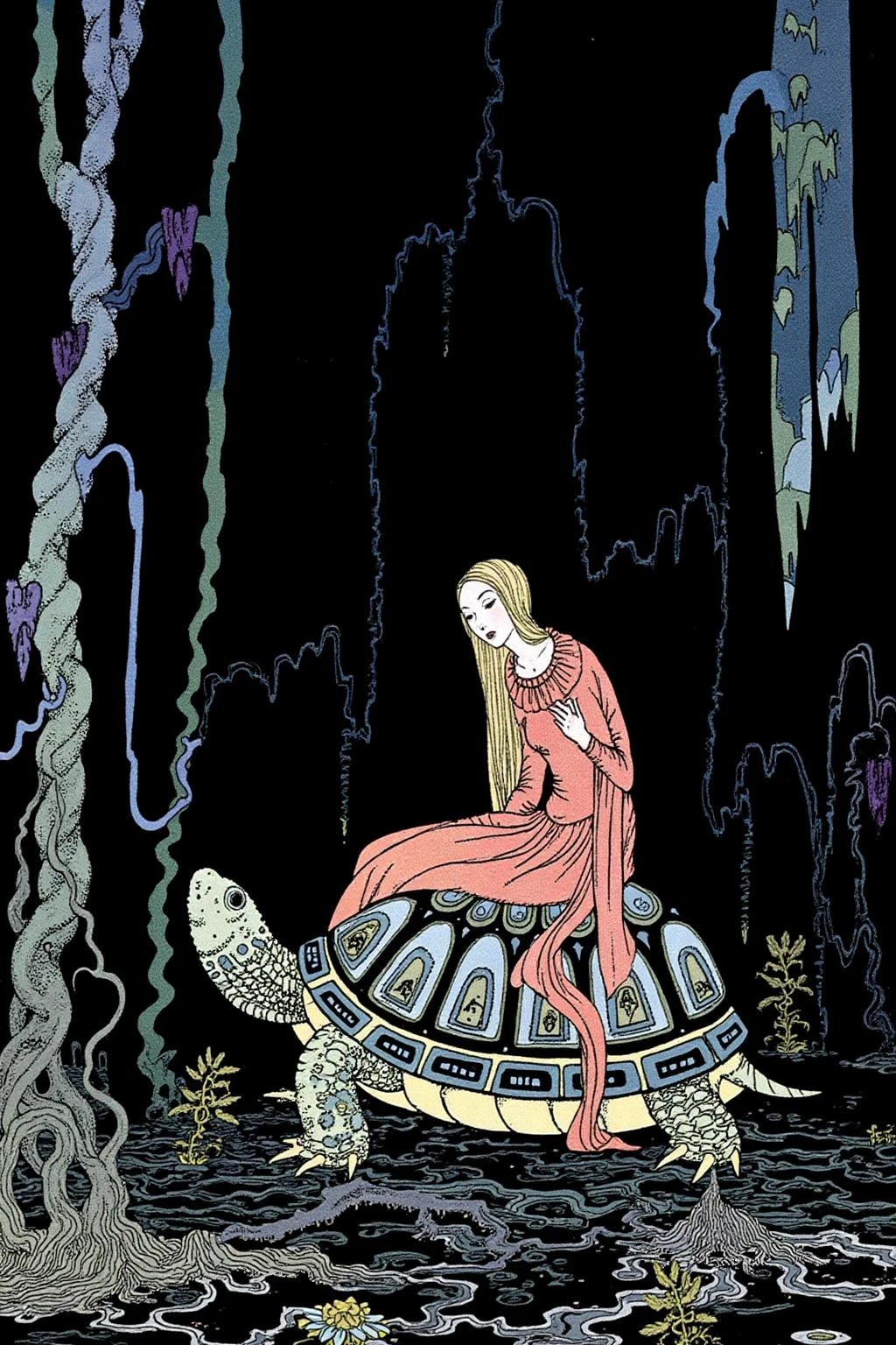sterrett1 illustration.
A young woman with long blonde hair is sitting on top of a giant turtle.
They are inside a mystical forest setting with tall, slender trees. The forest floor is partially submerged in water, with various plants and roots visible.
 <lora:sterrett1_cap_d6a3e8:1.0><lora:837019298695404715:0>