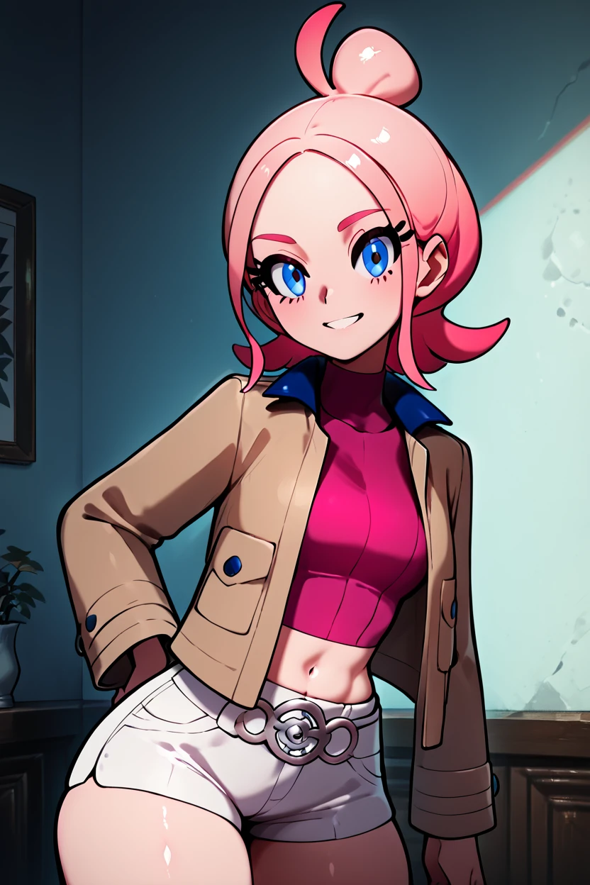 score_9, score_8_up, score_8, medium breasts, (curvy), cute, eyelashes, ,,, zzTaunie, blue eyes, pink hair, sidelocks, medium hair, eyelashes, multicolored hair, single hair bun, pink shirt, turtleneck, crop top, navel, midriff, brown jacket, long sleeves, open jacket, short shorts, white shorts, skindentation, ,<lora:TauniePokemonZA_PDXL_v3:1.0>, ,,, BREAK, smile, looking at viewer, cowboy shot, ,,, embedding:zPDXL, <lora:DiivesP1:0.7>,