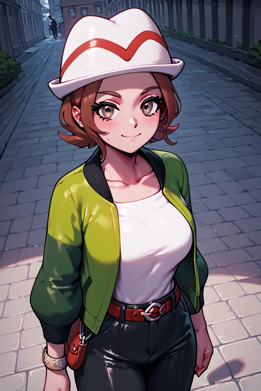 score_9, score_8_up, score_8, medium breasts, (curvy), cute, eyelashes, ,,, zzMC, brown eyes, brown hair, short hair, medium hair, white headwear, green jacket, long sleeves, open jacket, white shirt, collarbone, pants, bracelet, belt buckle, ,<lora:ProtagonistFPokemonZA_PDXL_v3:1.0>, ,,, BREAK, closed mouth, alternate costume, smile, looking at viewer, collared shirt, blush, sweater, black skirt, eyelashes, long sleeves, sleeves past wrists, plaid skirt, shoulder bag, black bag, blurry, tile floor, pleated skirt, white shirt, cowboy shot, ,,, embedding:zPDXL, Expressiveh, ,,, <lora:Vivid:0.7>, <lora:Uncensored_PonyXL_cpt_v02.09:0.4>, <lora:Expressive_H-000001:0.4>,