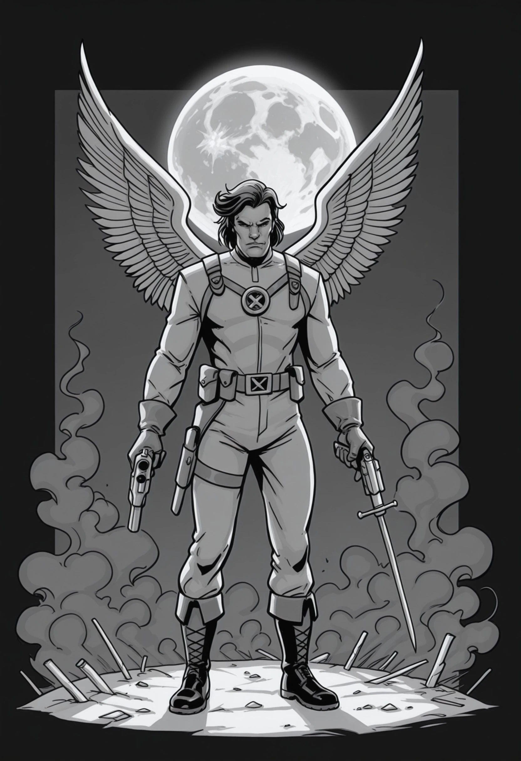 masterpiece, very aesthetic, absurdres, ultra-detailed, highres, dskflatz, KUB3RT, monochrome, greyscale, weapon, solo, 1boy, male focus, gun, holding, smoke, moon, holding weapon, handgun, boots, sword, holding gun, wings, standing, gloves, full body, comic art style, <lora:5c0850e4-68b9-423b-8baa-e0c55e792cb1:0.7>