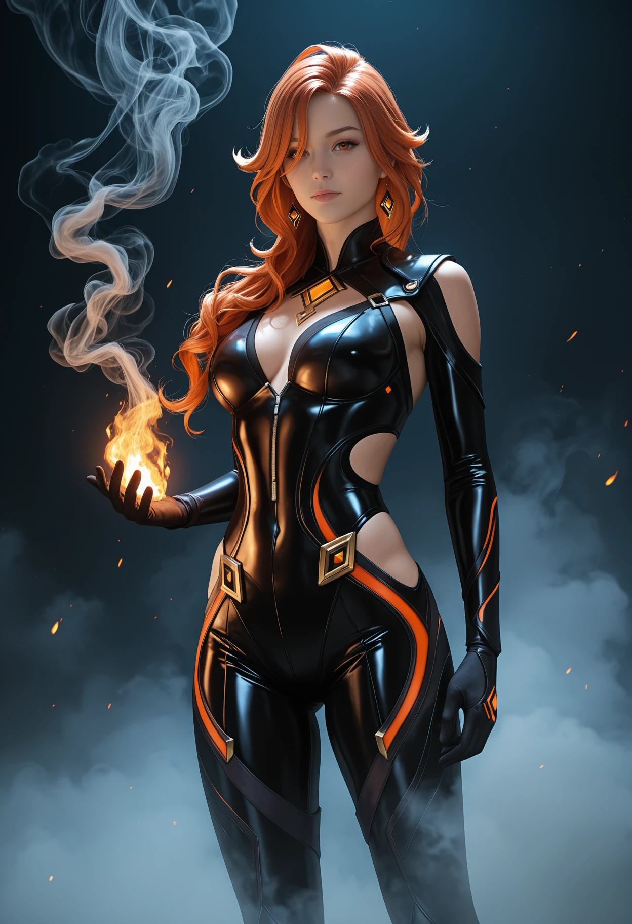 photorealistic, realistic,
fog, smoke, fire, abstract background, dark background,
1girl, solo, mavuika \(genshin impact\),
black bikesuit,