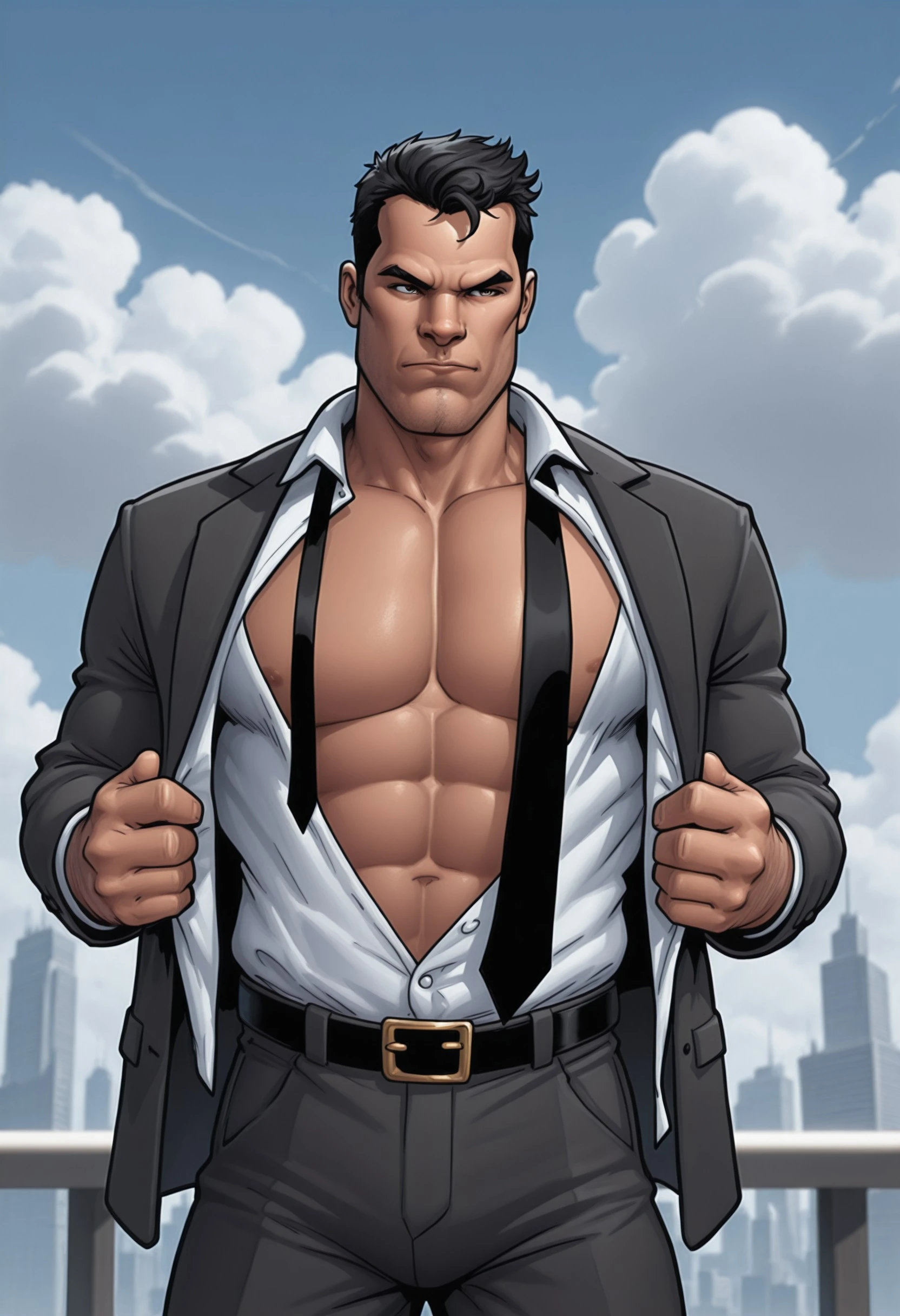 masterpiece, very aesthetic, absurdres, ultra-detailed, highres, dskflatz, KUB3RT, 1boy, male focus, solo, muscular, formal, pants, open clothes, black hair, necktie, suit, muscular male, shirt, facial hair, belt, manly, cloud, jacket, short hair, pectorals, undone necktie, collared shirt, sky, open shirt, cloudy sky, white shirt, undressing, black belt, bara, sideburns, open jacket, comic art style, <lora:5c0850e4-68b9-423b-8baa-e0c55e792cb1:0.7>