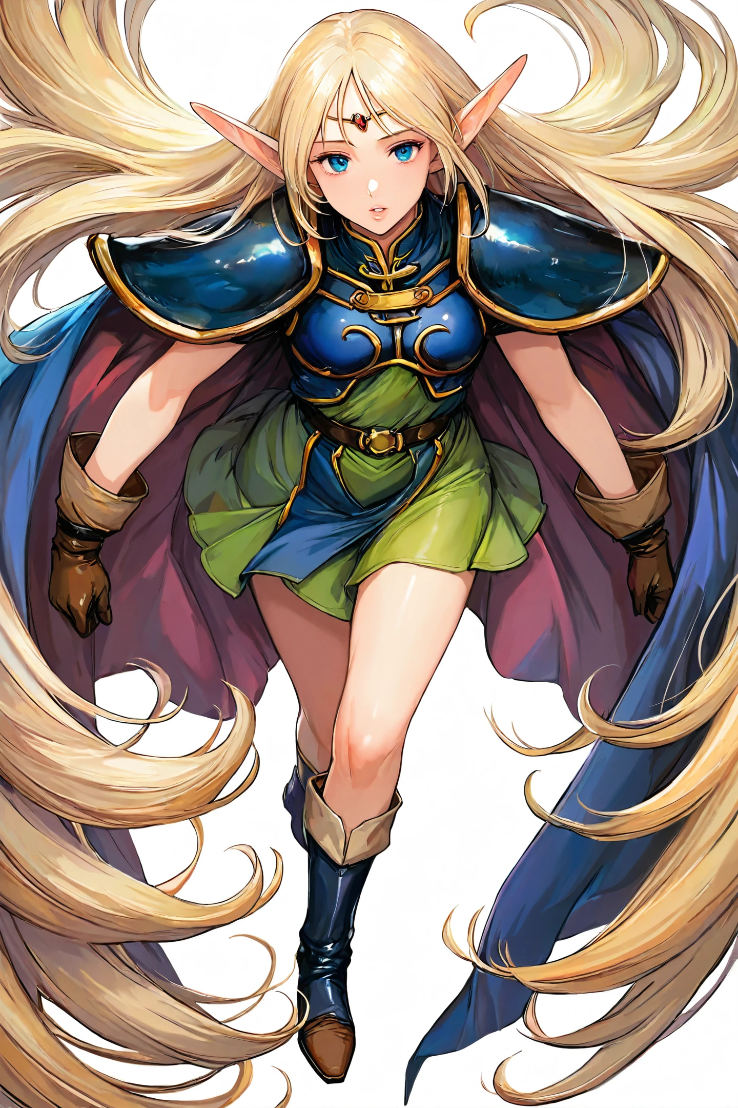 1girl,Deedlit,solo,pointy ears,long hair,blonde hair,gloves,elf,cape,blue cape,blue eyes,boots,circlet,very long hair,shoulder armor,parted lips,looking at viewer,white background,standing,
<lora:yuuki nobuteru_illustriousXL:0.3>,
<lora:miche_illustriousXL:1>,
