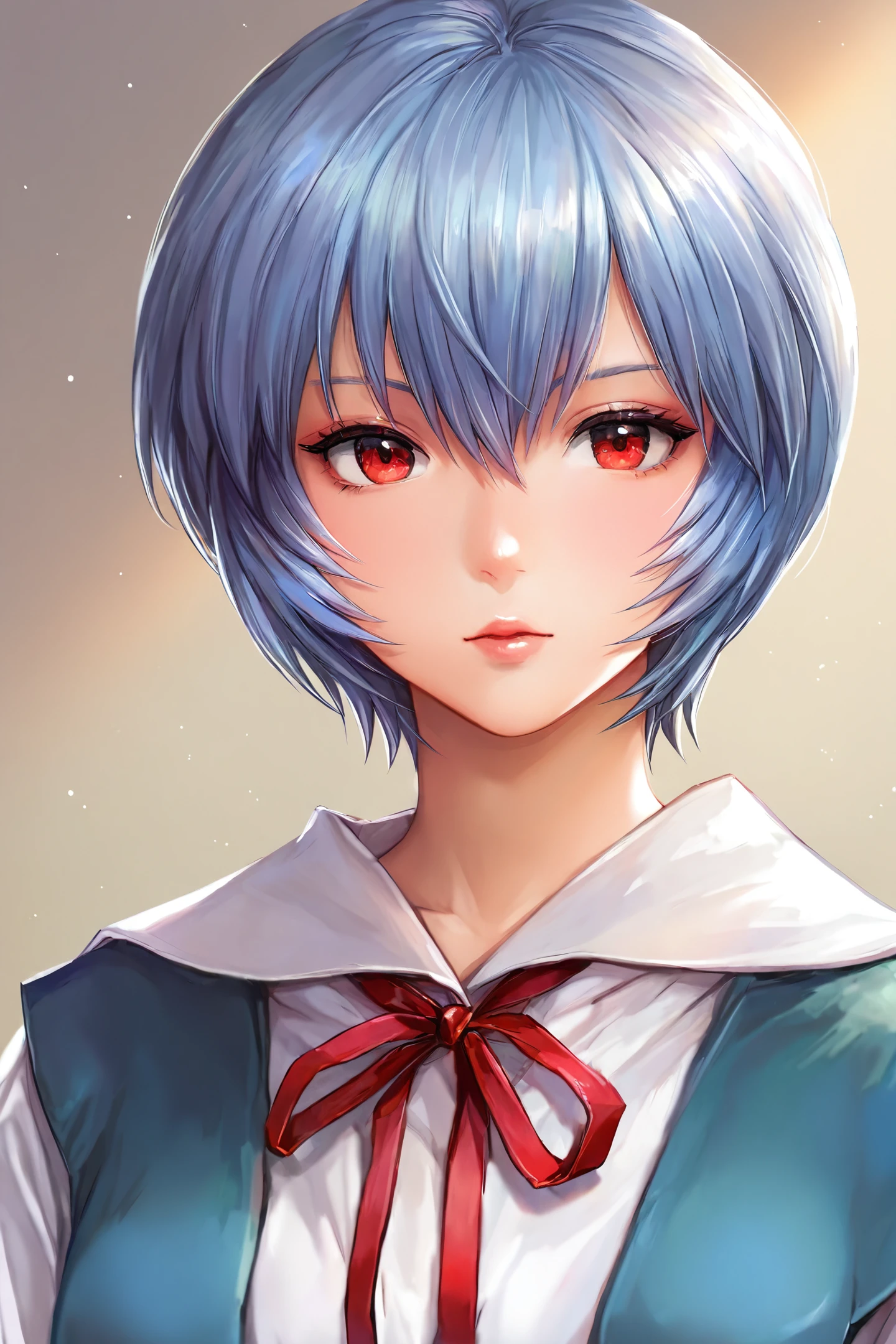 1girl,solo,ayanami rei,red eyes,short hair,school uniform,lips,blue hair,upper body,looking at viewer,ribbon,
<lora:miche_illustriousXL:0.8>,