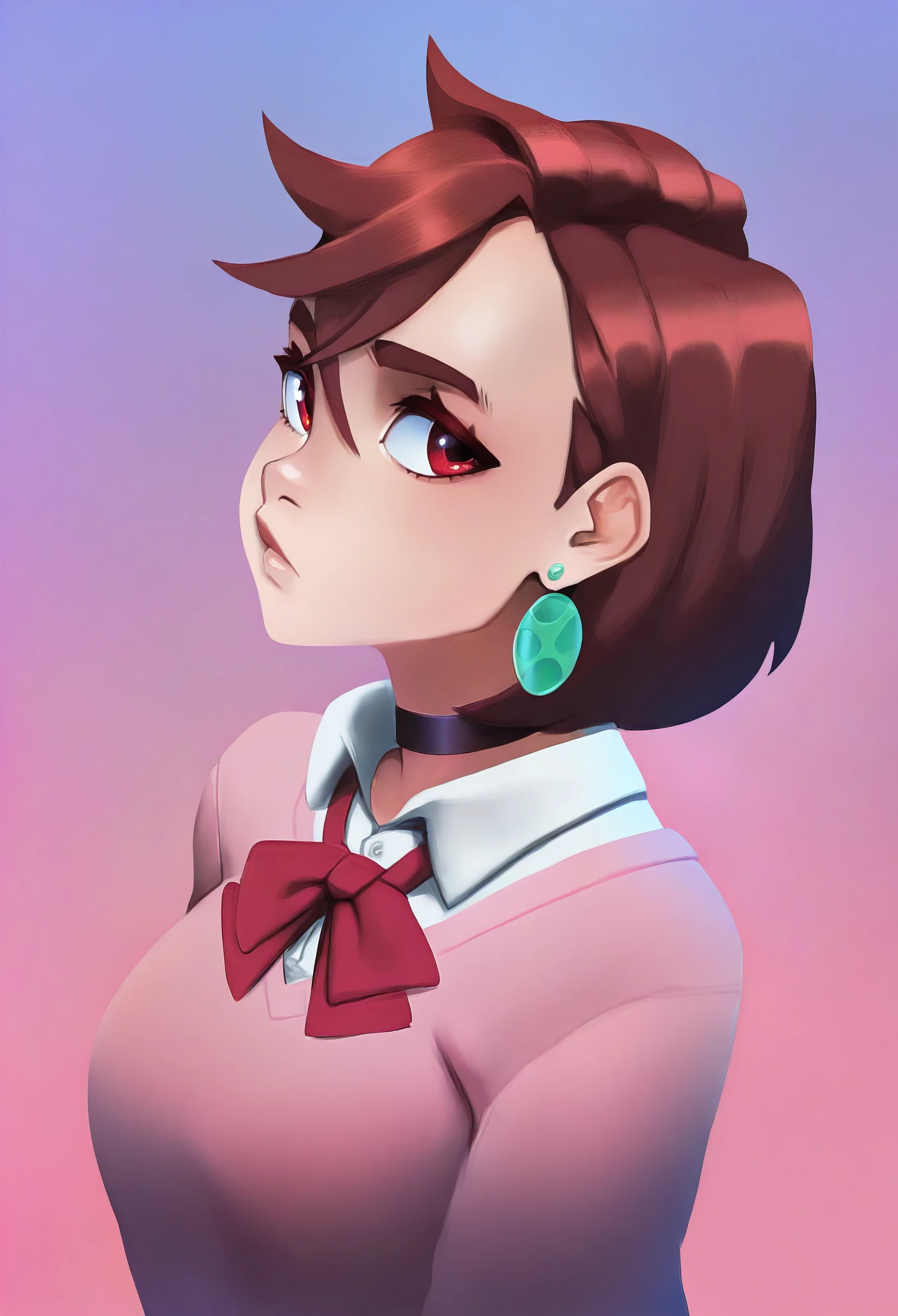 1girl, solo, portrait, hoodie, gradient background, short hair, brown hair, red eyes, school uniform, pink sweater, long sleeves, white shirt, collared shirt, red bowtie, earrings, black choker, looking to the side,
masterpiece, best quality, <lora:bikupan-guy90-Illust-Lycorisv1:1> napkib <lora:dandadan_ayase_illustriousXL:1> ayase momo