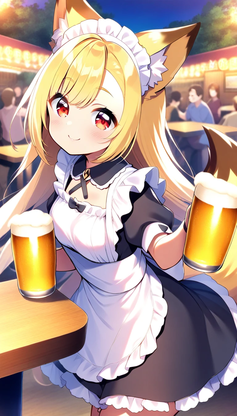 a fox girl, blonde hair, long hair,  asymmetrical bangs, red eyes, frills maid clothes, skirt, fox tail, smile, serving beers, beer garden, nighttime, people,
