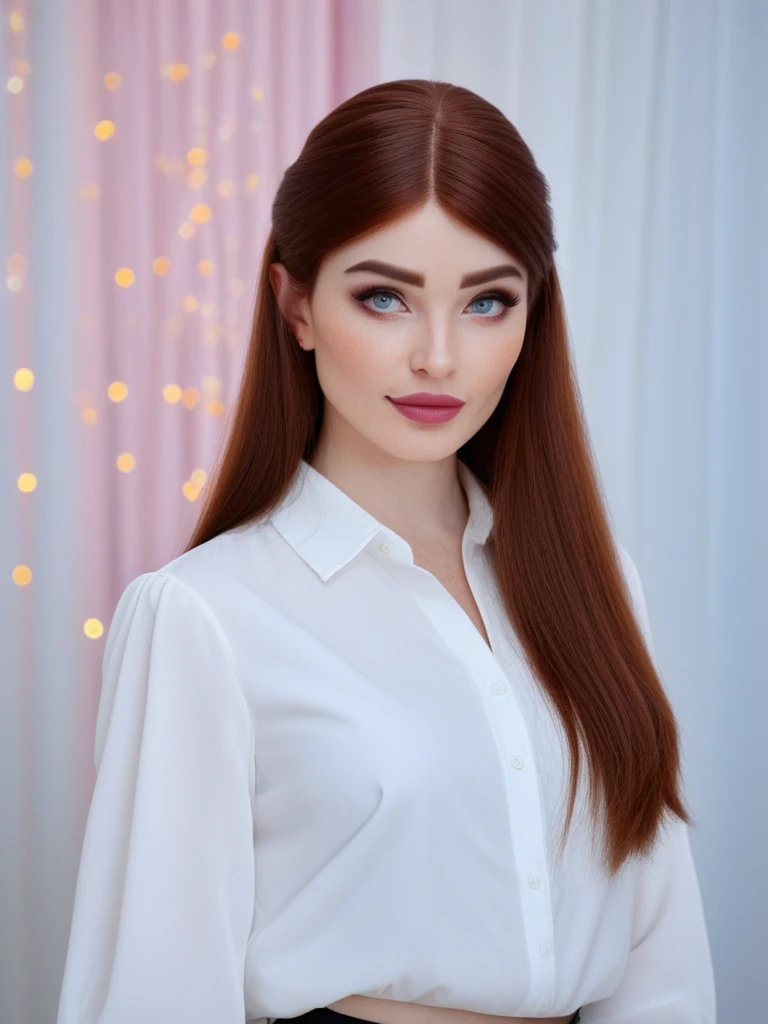 natali3m4rs, natalie mars,<lora:Natali3M4rs-sdxl:1>, 1girl, makeup, lips, long hair, hime princess cut hair, auburn hair, white blouse, portrait, solo, looking at viewer, bokeh, focus, film, velvia, artistic, best quality, photograph, focus