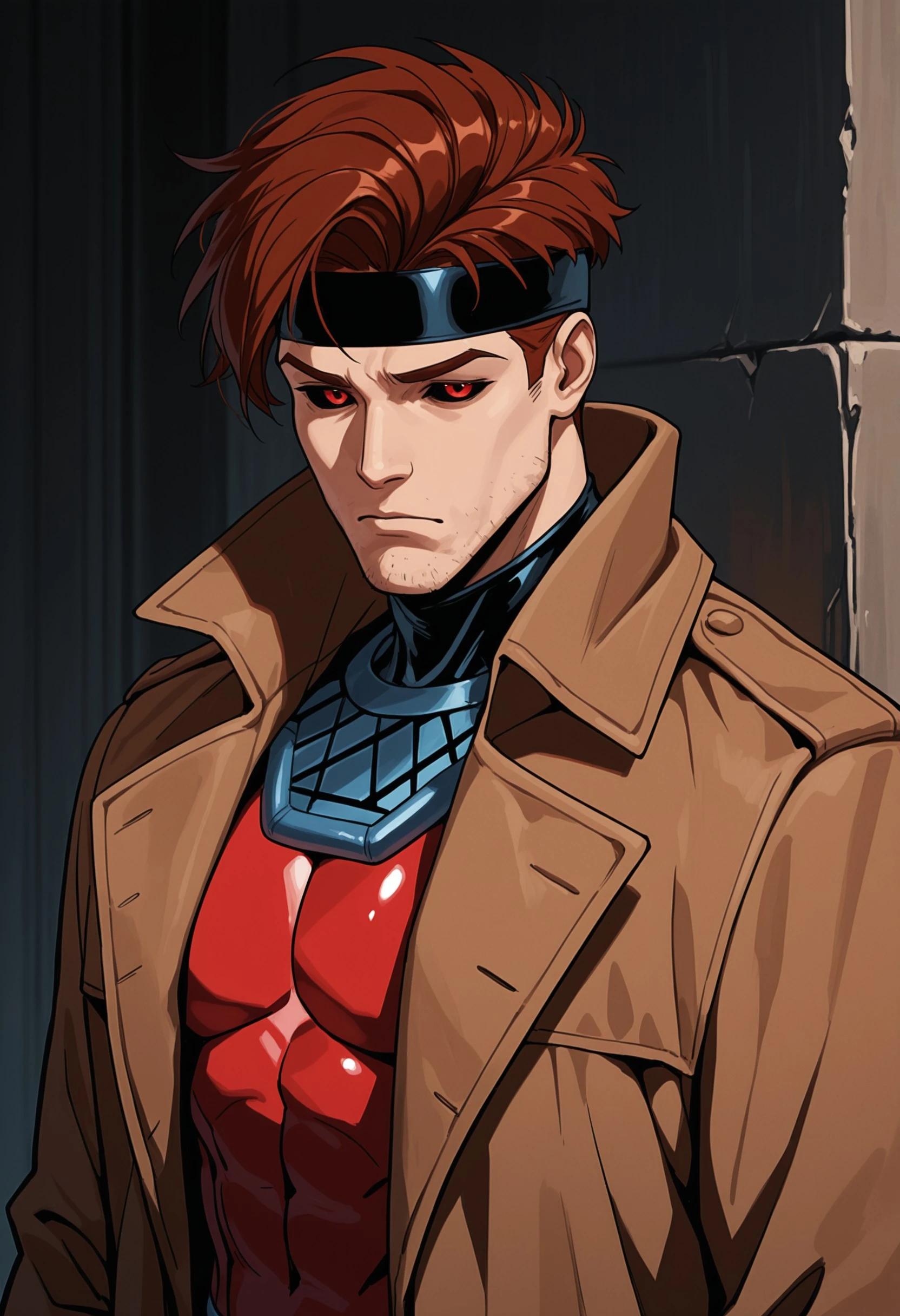 masterpiece, best quality, very aesthetic, absurdres, safe, Dsk_Remy_Lebeau, 1boy, auburn hair, black sclera, brown jacket, closed mouth, coat, colored sclera, facial hair, headband, jacket, male focus, red eyes, solo, stubble, trench coat, upper body, <lora:bbf2daa2-8daa-44f6-a4d8-e9b95ac74e61:0.7>