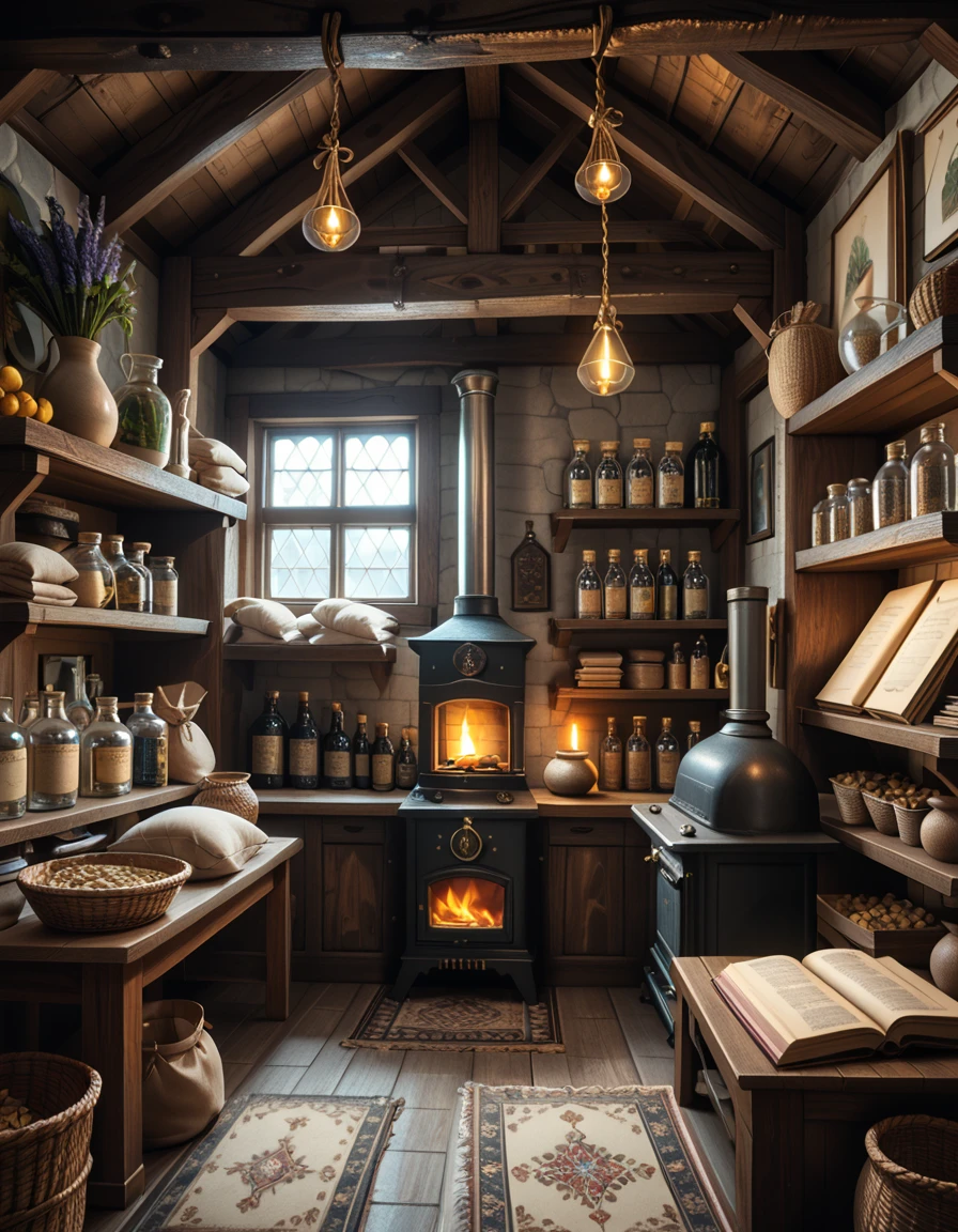 score_9, score_8_up, score_7_up,amazing quality, ultra realistic, 3D, HD, best quality, amazing quality, very aesthetic, absurdres
A highly detailed, realistic photograph of a medieval-style general store inspired by Skyrim, captured in soft, natural lighting. The interior features wooden beams and stone walls, aged and weathered, with shelves overflowing with various items: leather-bound books, glass potion bottles glowing faintly in green and blue hues, sacks of grains, and woven baskets filled with herbs. In the corner, a rustic fireplace crackles gently, casting warm, golden light across the room. Weapons like iron swords and steel daggers hang neatly on a wooden rack behind the counter, while a fur rug covers part of the worn wooden floor. On the wooden counter lies a small pile of gold coins beside an old ledger, with a candle burning low. The window shows a misty, pine-filled landscape outside, with soft daylight filtering through. The atmosphere feels cozy, immersive, and authentically Nordic, with rich textures, muted earthy colors, and a slightly cinematic fantasy style. No people are present, only the quiet ambiance of a world at rest.
skyrim general st0r3 <lora:skyrim_general_st0r3-p:1>