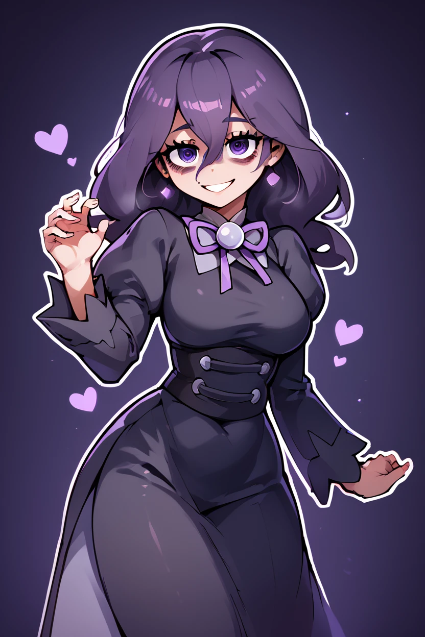 score_9, score_8_up, score_8, medium breasts, (curvy), cute, eyelashes, ,,, zzHexyZA, purple eyes, bags under eyes, hair between eyes, long hair, purple hair, long sleeves, bow, jewelry, black dress, purple dress, black pantyhose, juliet sleeves, purple bow, purple bowtie, ,<lora:HexManiacPokemonZA_PDXL:1.0>, ,,, BREAK, smile, looking at viewer, ,,, abstract background, white outline, cowboy shot, ,,, embedding:zPDXL, Expressiveh, ,,, <lora:CatalystStylePDXL:0.6>, <lora:SDXLFaeTastic2400:0.5>, <lora:Expressive_H-000001:0.4>,