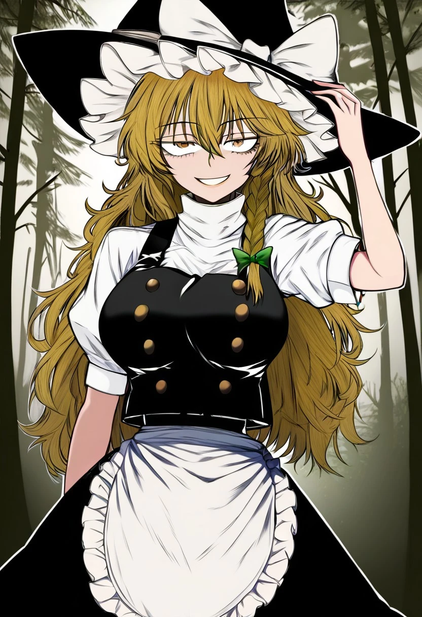 voyagehermitage style, ((forest background)), day time, 1girl, solo, looking at viewer, posing, smile, ((kirisame marisa)), ((large breasts)), yellow eyes, hair between eyes, blonde hair, hair bow, long hair, very long hair, single braid, bow, braid, hat, witch hat, waist apron, short sleeves, black headwear, puffy sleeves, puffy short sleeves, hat bow, apron