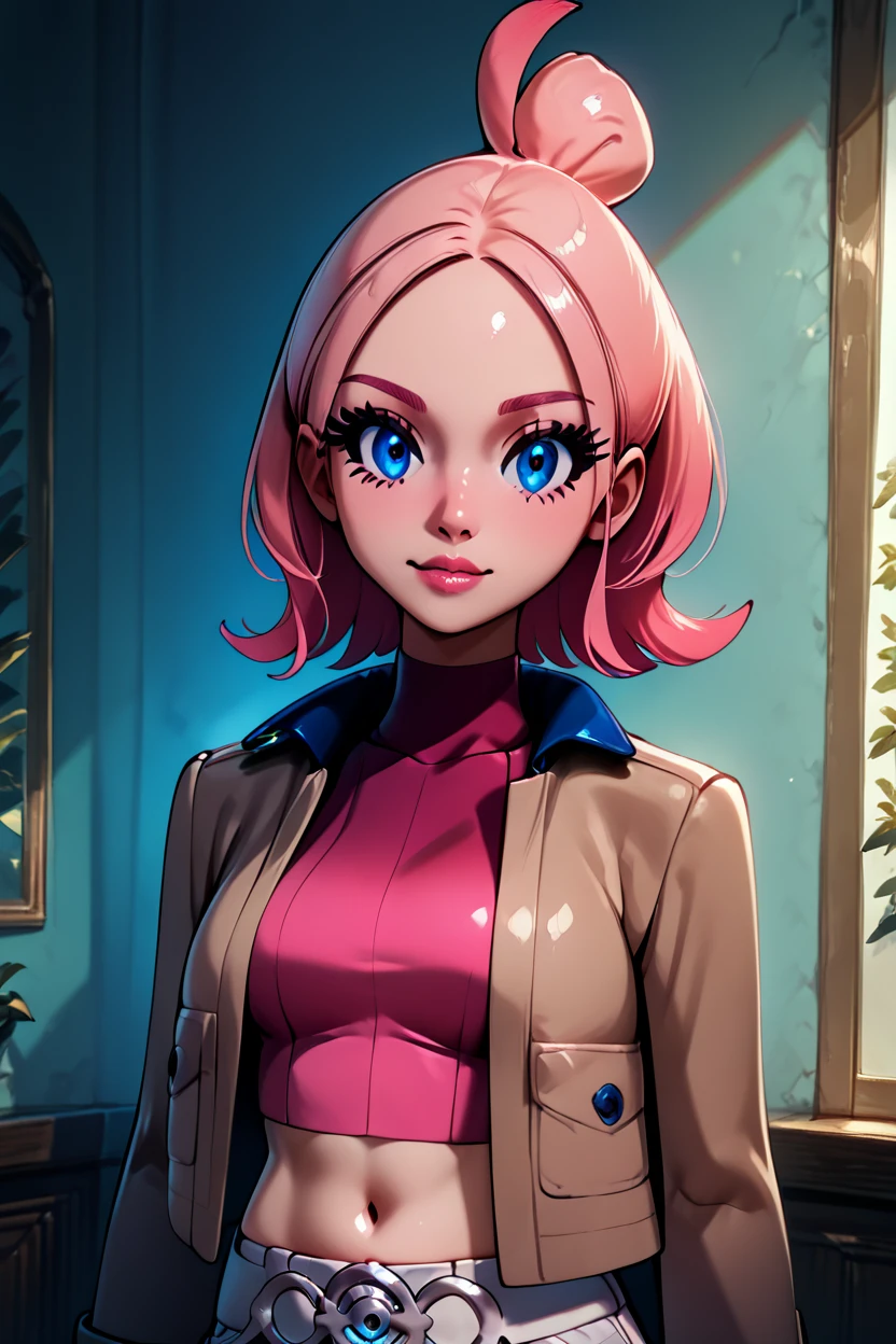 score_9, score_8_up, score_8, medium breasts, (curvy), cute, eyelashes, ,,, zzTaunie, blue eyes, pink hair, sidelocks, medium hair, eyelashes, multicolored hair, single hair bun, pink shirt, turtleneck, crop top, navel, midriff, brown jacket, long sleeves, open jacket, short shorts, white shorts, skindentation, ,<lora:TauniePokemonZA_PDXL_v3:1.0>, ,,, BREAK, (ultra realistic,32k, masterpiece:1.2),(high detailed skin:1.1),( high quality:1.1), head tilt, lips, closed mouth, shiny clothes, (upper body), looking at viewer, bokeh, luminescent background, ,,, embedding:zPDXL, Expressiveh, ,,, <lora:RlAnmPDXL:1.0>,