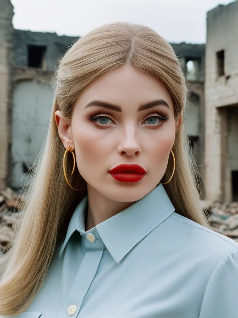 natali3m4rs, natalie mars,<lora:Natali3M4rs-sdxl:1>, 1girl, solo, face focused, vintage, makeup, lipstick, big lips, blonde hair, long hair, photoshoot, aesthetic, collared shirt, solo, looking at viewer, focus, analog film, cinematic, film grain, best quality, photograph, focus, earring, couture, fashion, backdrop, ruins, 90s photograph