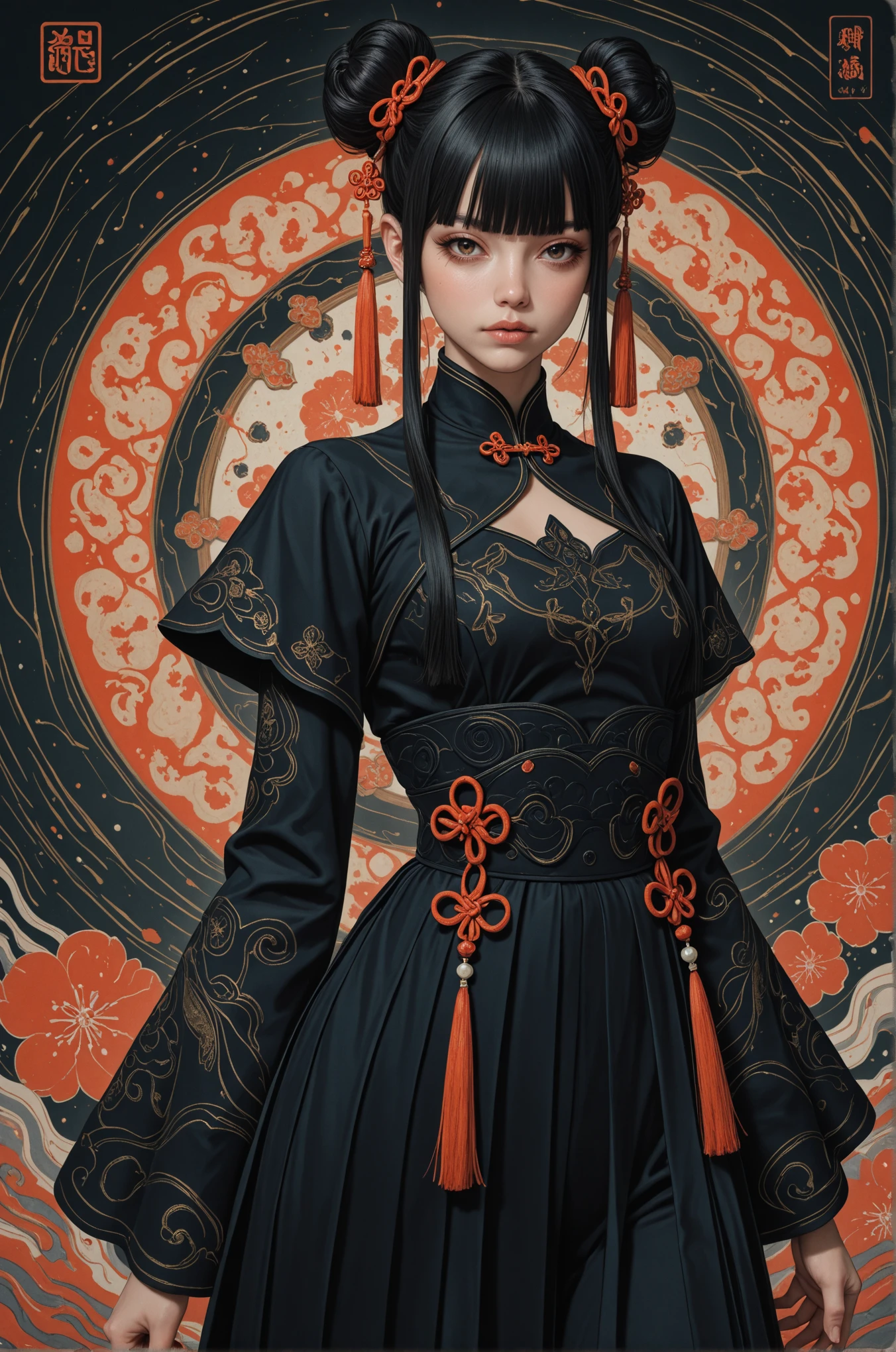 1girl, black hair, hair bun, double bun, blunt bangs, ribbon, tassel hair ornament, dynamic pose, abstract background, (4k, detailed, intricate details, best quality, amazing quality, masterpiece)