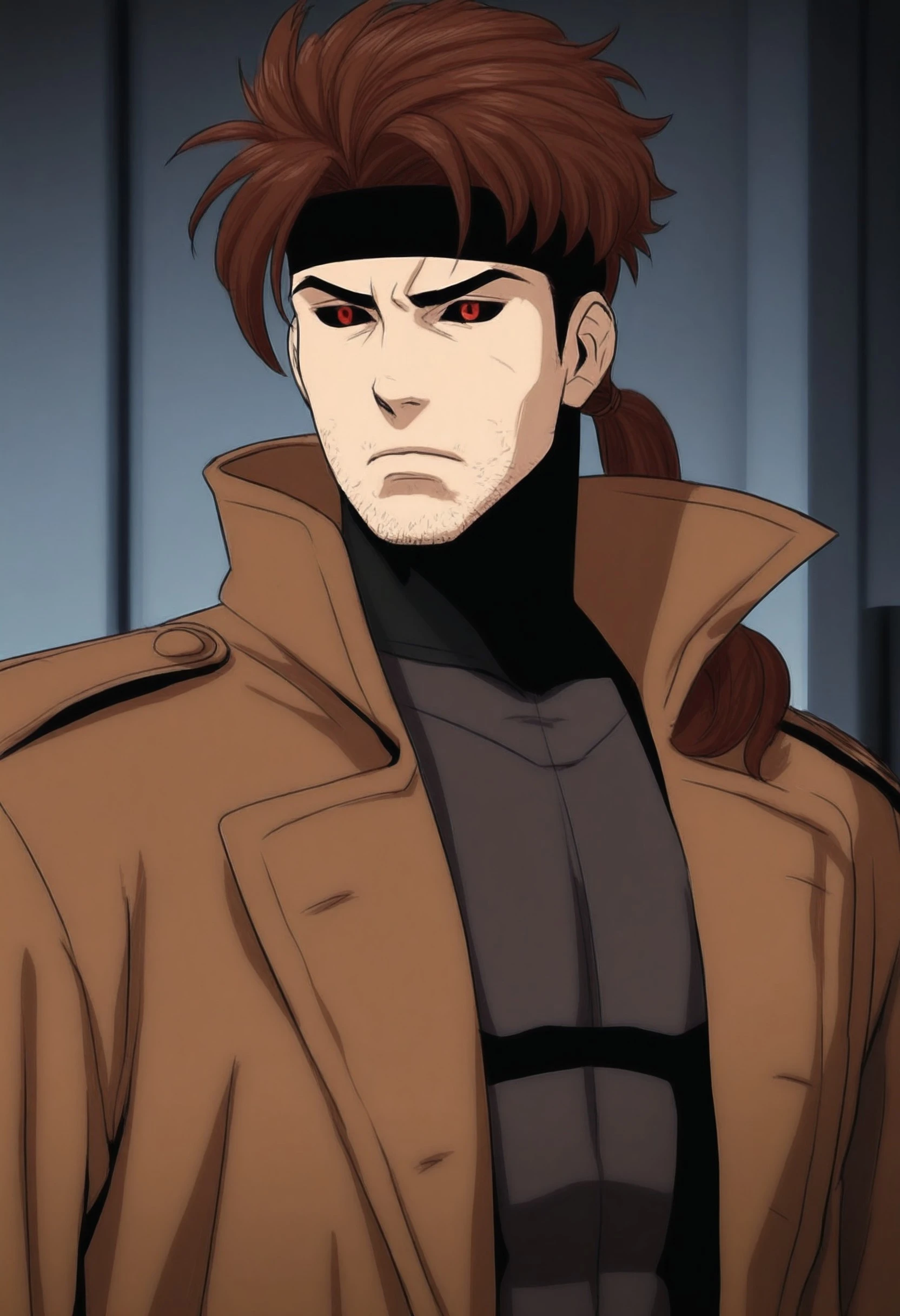 masterpiece, best quality, very aesthetic, absurdres, safe, Dsk_Remy_Lebeau, 1boy, auburn hair, black sclera, brown jacket, closed mouth, coat, colored sclera, facial hair, headband, jacket, male focus, red eyes, solo, stubble, trench coat, upper body, pony tail, bo staff,, <lora:bbf2daa2-8daa-44f6-a4d8-e9b95ac74e61:0.7>