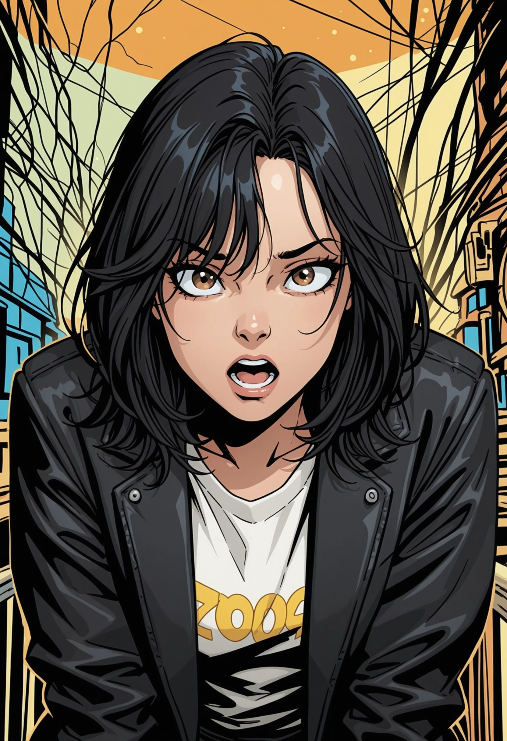 very awa, masterpiece \(quality\), year2024, year2023, West Studio, (vibrant colors), (high contrast:1.3), masterworks, best quality, amazing quality, very aesthetic, absurdres,KUB3RT, solo, brown eyes, black hair, 1girl, open mouth, jacket, shirt, medium hair, comic art style, <lora:5c0850e4-68b9-423b-8baa-e0c55e792cb1:0.7>