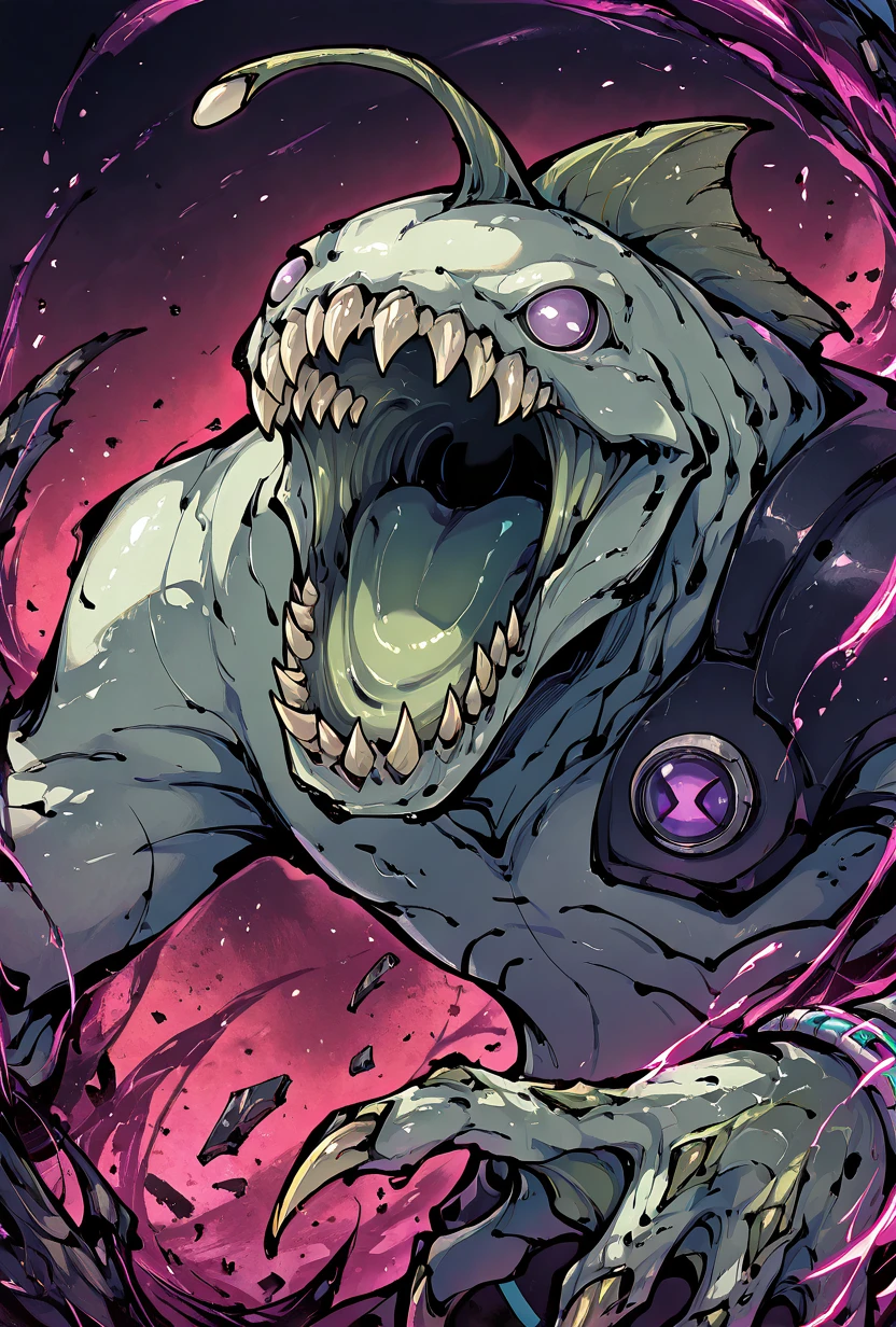 <lora:ripjaws-08:1> ripjaws, sharp teeth, solo, claws, 1boy, light green skin, no humans, shockwaves, concentric rings, debris, upper body, open mouth, <lora:Tokiame_Style_Illustrious_V1:1> tokiame, masterpiece, best quality, amazing quality, very aesthetic, absurdres, newest,