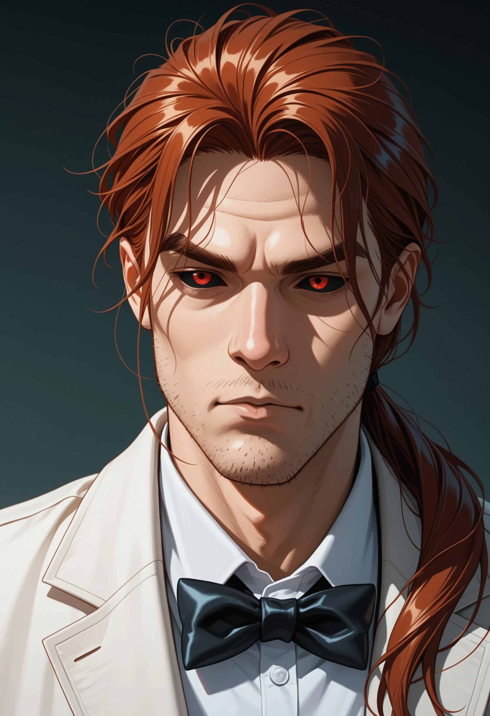 masterpiece, best quality, very aesthetic, absurdres, safe, Dsk_Remy_Lebeau, 1boy, auburn hair, black bow, black bowtie, black sclera, bow, bowtie, closed mouth, collared shirt, colored sclera, facial hair, jacket, long hair, male focus, ponytail, portrait, red eyes, shirt, sideburns, solo, stubble, thick eyebrows, white shirt, white jacket, , <lora:bbf2daa2-8daa-44f6-a4d8-e9b95ac74e61:0.7>