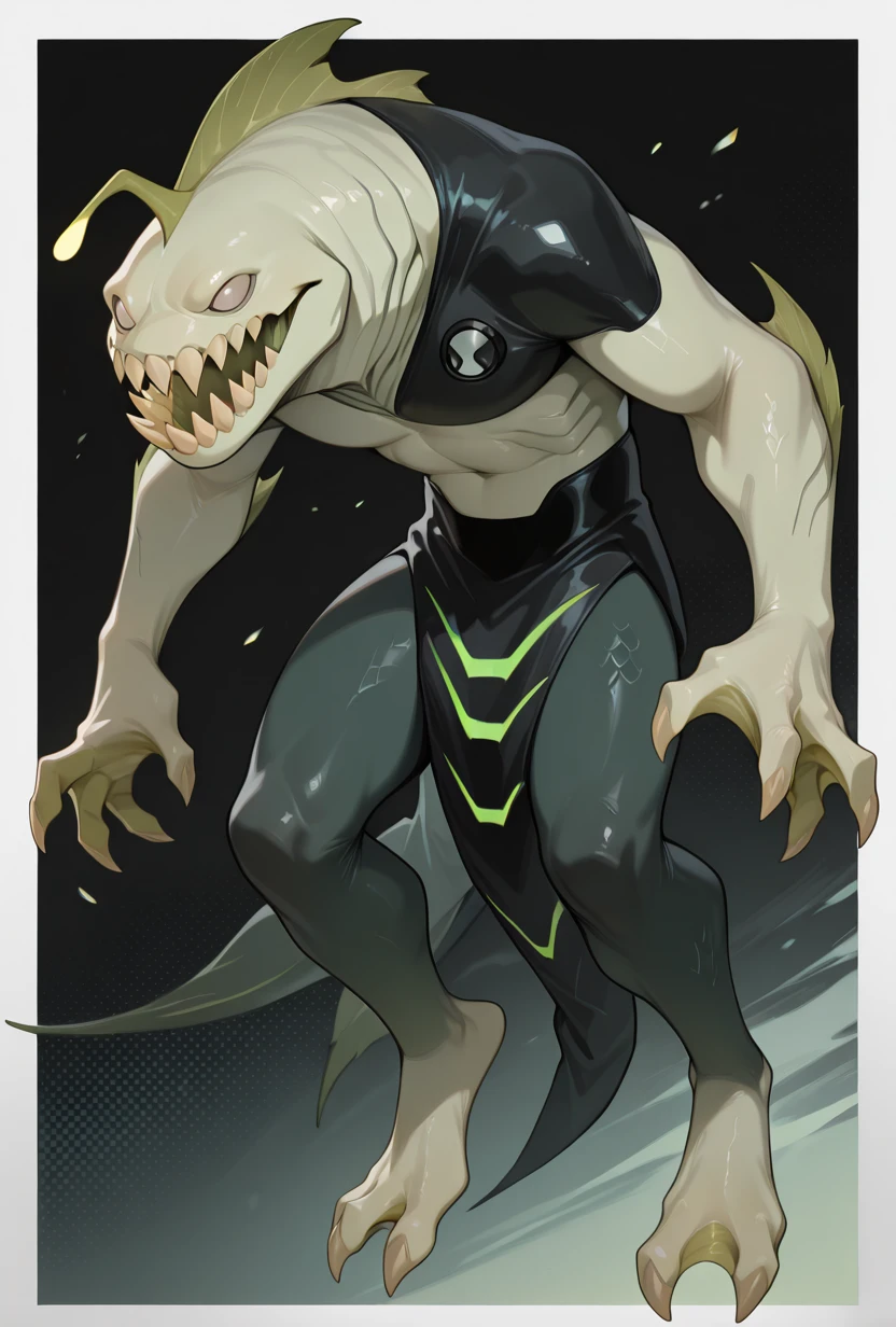 <lora:ripjaws-06:1> ripjaws, sharp teeth, solo, claws, 1boy, light green skin, green legs, 2 toes, masterpiece, best quality, amazing quality, very aesthetic, absurdres, newest,, upper body, halftone effect, white borders, abstract background:1.2,