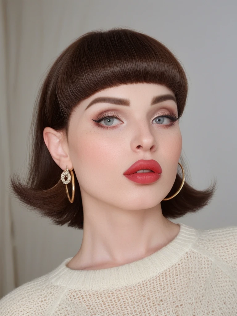 natali3m4rs, natalie mars,<lora:Natali3M4rs-sdxl:1>, 1girl, solo, face focused, vintage photography, makeup, lipstick, big lips, bobbed hair, photoshoot, aesthetic, sweater, shirt, solo, big hair, looking at viewer, studio lighting, focus, analog film, (ring light), film grain, best quality, photograph, focus, earring, couture, fashion, backdrop, ruins, 90s photograph