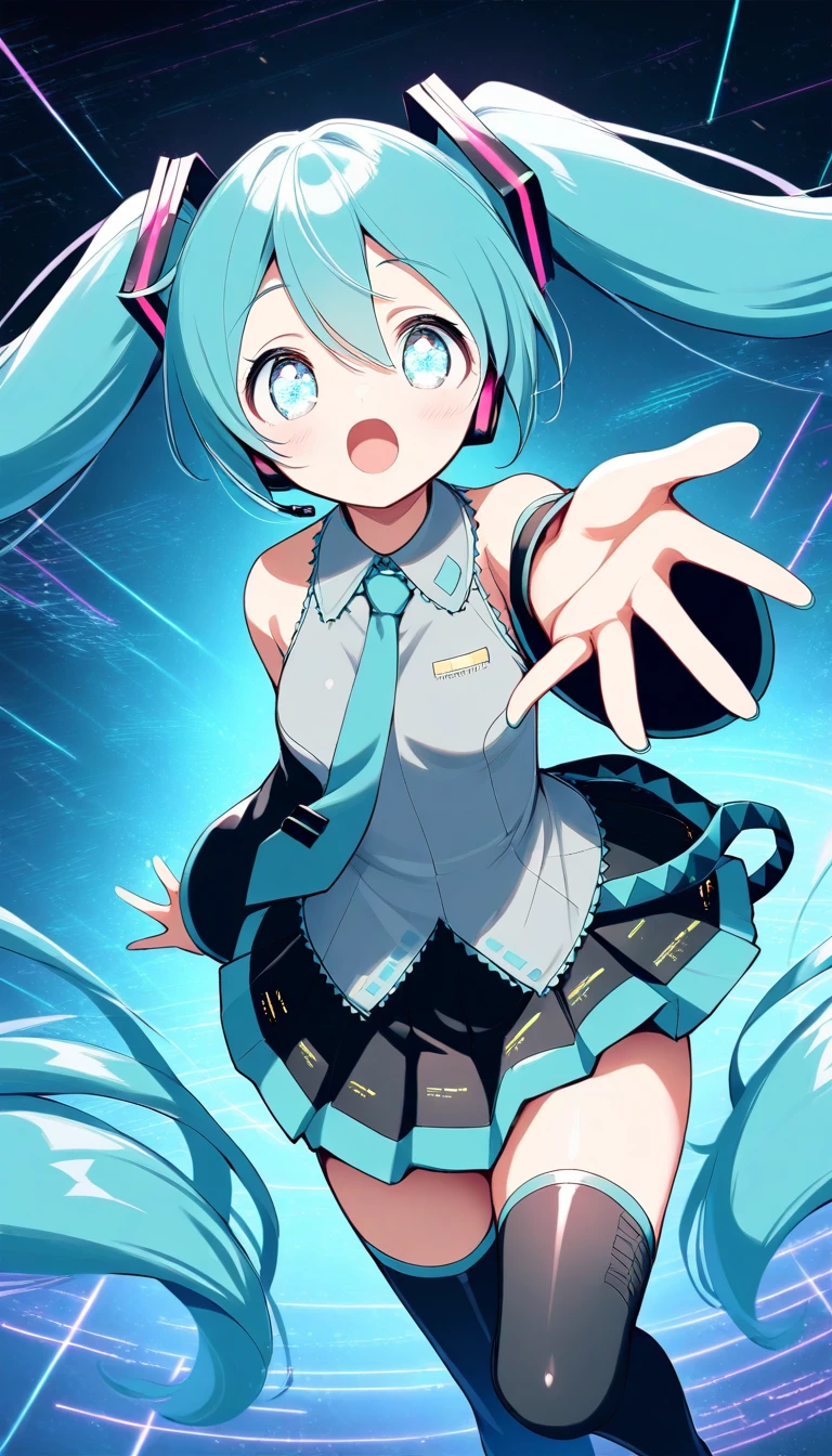 a girl, hatsune miku, cute eyes, singing song, reaching one hand, dynamic angle, floating on cyber space, cyber noise background, best quality, masterpiece, high score,