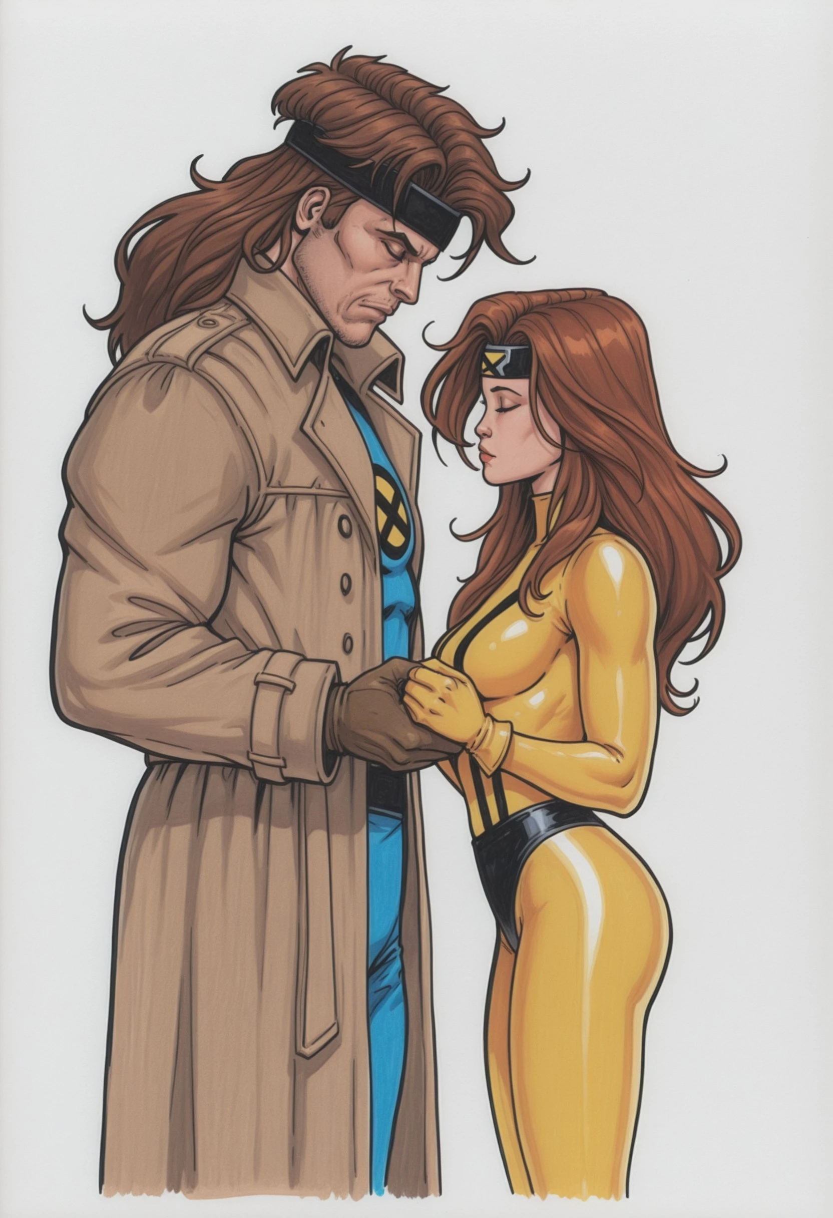 masterpiece, very aesthetic, absurdres, ultra-detailed, highres, dskflatz, KUB3RT, 1girl, 1boy, brown hair, gloves, closed eyes, long hair, bodysuit, height difference, headband, facial hair, hetero, traditional media, trench coat, yellow bodysuit, animification, holding hands, comic art style, <lora:5c0850e4-68b9-423b-8baa-e0c55e792cb1:0.7>