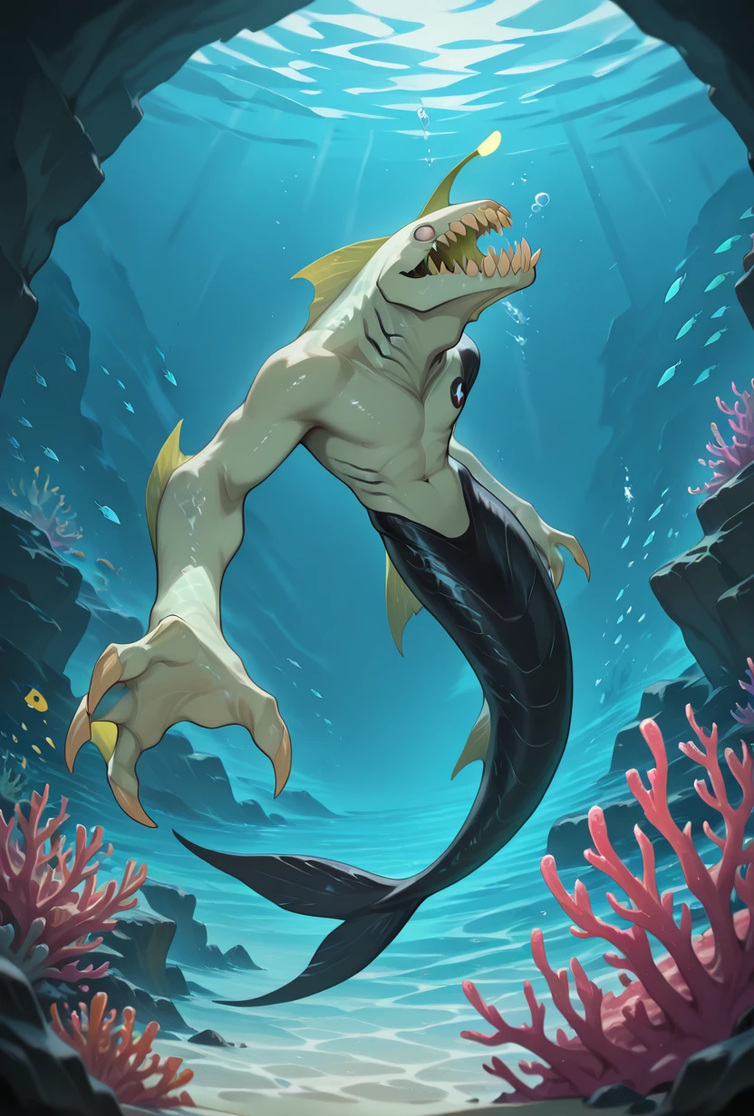<lora:ripjaws-08:1> ripjaws, sharp teeth, solo, claws, 1boy, light green skin, no humans, dynamic pose, underwater, rgb coral, atlantis,, fish tail, tail, black mermaid tail,, masterpiece, best quality, amazing quality, very aesthetic, absurdres, newest,
