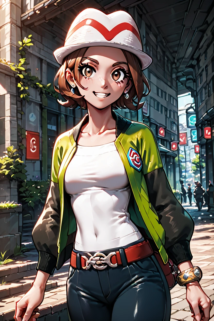 score_9, score_8_up, score_8, medium breasts, (curvy), cute, eyelashes, ,,, zzMC, brown eyes, brown hair, short hair, medium hair, white headwear, green jacket, long sleeves, open jacket, white shirt, collarbone, pants, bracelet, belt buckle, ,<lora:ProtagonistFPokemonZA_PDXL_v3:1.0>, ,,, BREAK, <lora:Hyperdriver_PDXL_v5:0.8>, ,,, BREAK, smile, looking at viewer, cowboy shot, embedding:zPDXL,