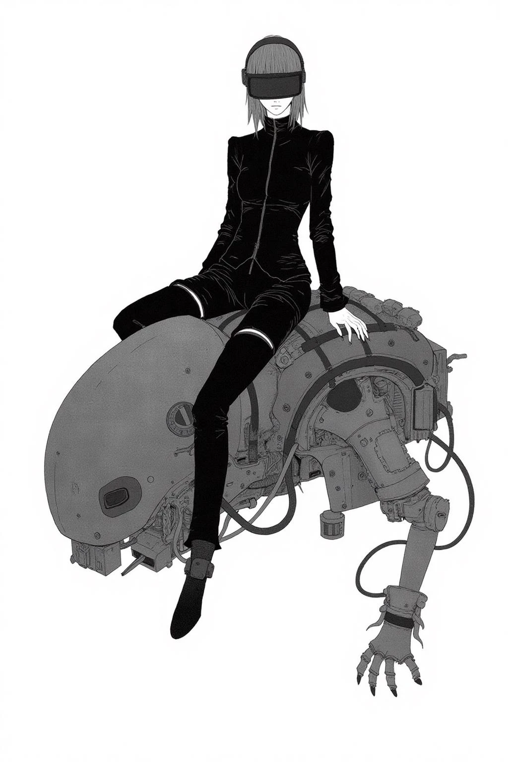 kchiba1 illustration.
A striking, futuristic scene depicts a woman dressed in sleek, form-fitting leather attire, sitting confidently atop an open power suit, inspired by the cyberpunk aesthetics of Masamune Shirow. The power suit, a blend of advanced technology and military-grade armor, features intricate mechanical details, exposed wiring, and a robust, yet streamlined design. The woman, wearing a cutting-edge VR headset, exudes a sense of control and mastery over the machine beneath her. Her posture is relaxed yet commanding, with one hand resting on the suit's metallic surface and the other casually holding a piece of advanced tech.
The background is stark white.
<lora:kchiba1_cap_d6a3:1.0><lora:837670372787794685:0>