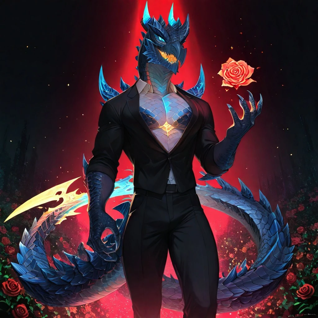 masterpiece,amazing quality,best quality,ultra-detailed,8K,illustration,CG, ultra-detailed-eyes, detailed background,rose garden
masterpiece, best quality, good quality, very awa, newest, highres, absurdres,
glowing,
BREAK
masterpiece, best quality, good quality, newest, highres, absurdres, volumetric lighting,gradient color, uncensored,
BREAK
raytracing, volumetric lighting, ambient occlusion, girl, background, masterpiece, best quality, very awa, absurdres,
BREAK
ambient occlusion, raytracing, soft lighting, blum effect, masterpiece, absolutely eye-catching, particles, glow, shining, intricate cinematic background,
BREAK
1boy,Glavenus,spikes,detailed scales,detailed body,tail blade,long tail,bara, muscular male,pectorals,abs,dragon horns,dragon tail, scales,yelow colored sclera,yelow eyes ,slit eyes,eyes glow,claws,sharp teeth,red scale,colored body,scales,thighs,teacher outfit,pants,
