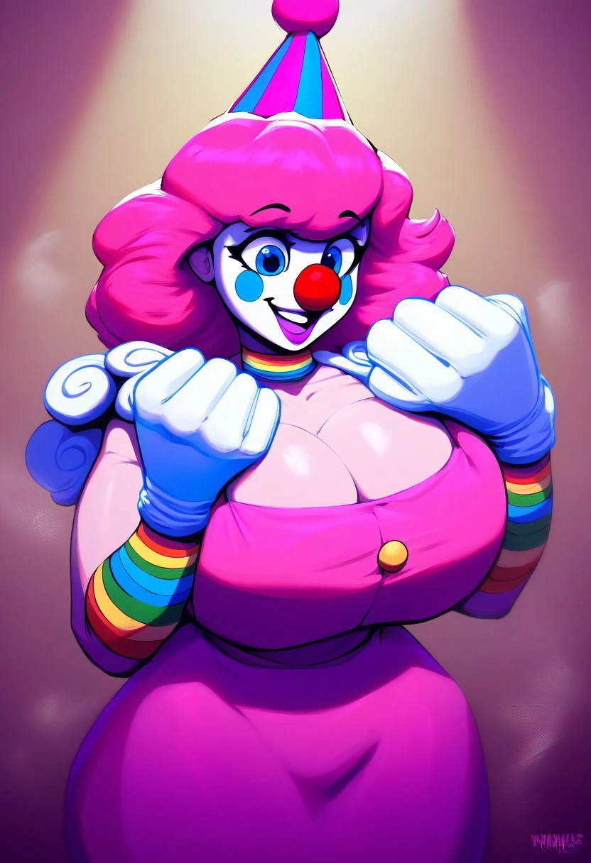 masterpiece, best quality, blush, sexy 3D pixar style clown girl character wearing a clown themed suit and tie with polka dots, big red clown nose ball, clown makeup, standing with hands on hips, huge fake breasts, spherical breasts, floating breasts, whimsical formal clothing, clown suit, sexy clown girl, thin waist, levitating breasts, big oversized polka-dotted bowtie, big clown bowtie, big shirt collar, oversized shirt collar, polkadot patterns on clothes, pointy big nipples pointing inside clothing fabric, cartoon pixar clown girl, emphasized breasts, spherical breasts, circle shaped breasts, big happy smile, background is fully blank and white, white background, solo character, round inflatable breasts, impossible breasts, balloon breasts, air blow-up breasts, air inflated breasts, cameltoe, upskirt, crotch bulge, latex panties, formal suit and tie, elegant shiny suit and tie, bimbo, big bimbo lips, red lipstick, red painted lips, up close portrait view, 