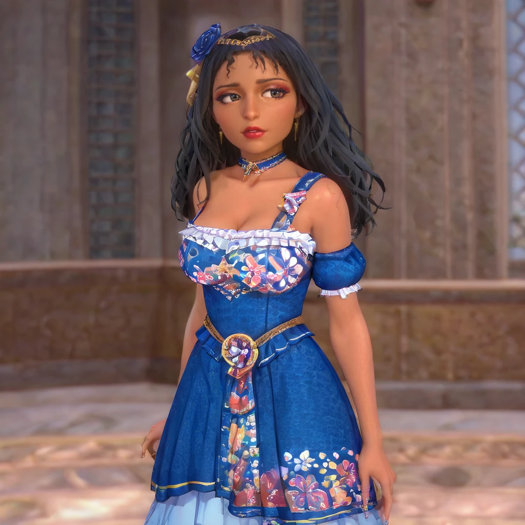 <lora:MotherGothel_illustrious_v1:.8>mothergothel, 1girl, solo, makeup, long hair, black hair, lipstick, red lipstick, large breasts, fingernails, dark skin, cowboy shot, <lora:idressb01:1> blue_idol_dress,hair ornament, hair ornament, bare shoulders, cleavage, collarbone, tiara,choker, hair flower, blue footwear,asymmetric dress,