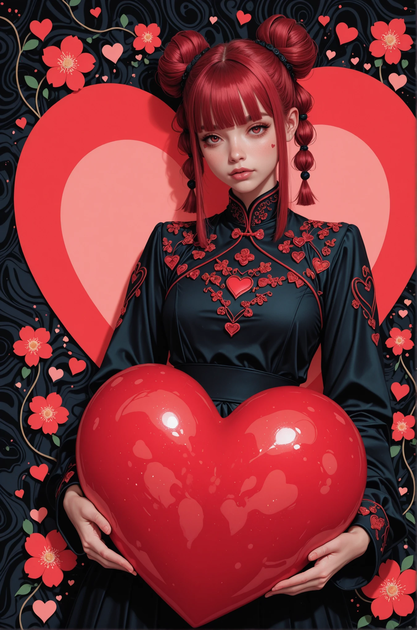 1girl, red hair, hair bun, double bun, blunt bangs, multi-tied hair , dynamic pose, holding a big heart, abstract background, hearts, flowers, (4k, detailed, intricate details, best quality, amazing quality, masterpiece)