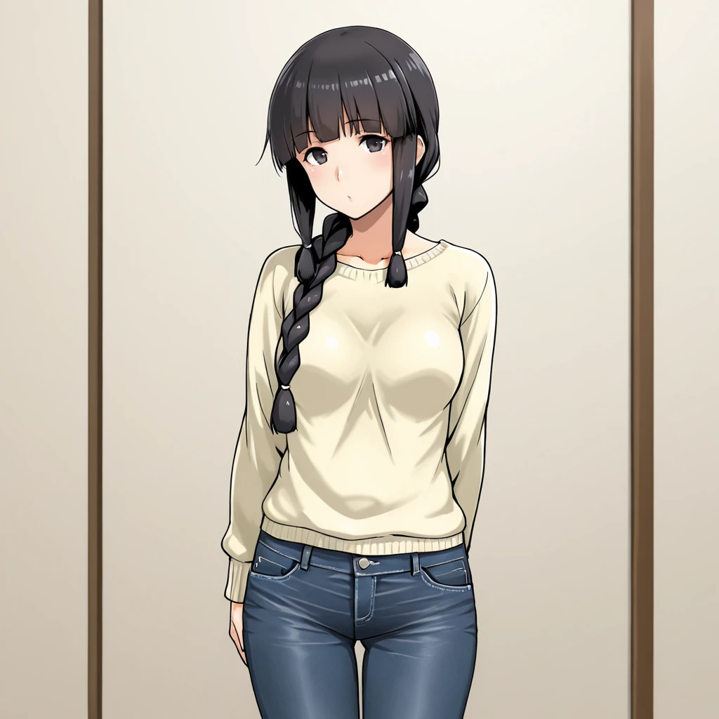 <lora:kitakami_illustrious_v1:1> KitakamiKaiNi, 1girl, kitakami (kancolle), black hair, single braid, long hair, sidelocks, blunt bangs, hair ribbon, lbreasts, hair over shoulder, black eyes, cowboy shot, sweater, jeans