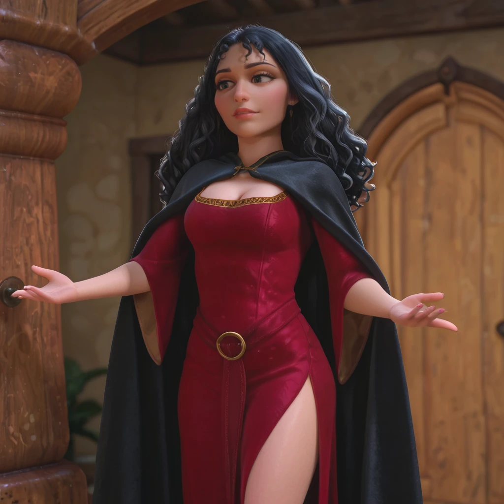<lora:MotherGothel_illustrious_v1:.8> mmothergothelhood, 1girl, red dress, black hair, long hair, breasts, cape, cleavage, cloak, curly hair, cowboy shot