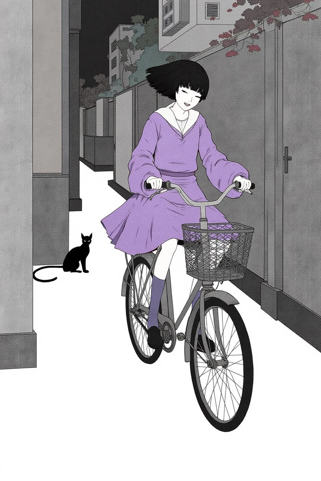 kchiba1 illustration. A Japanese school girl riding a old style bicycle through a narrow, quiet street at night. The happy woman wears a simple, flowing purple dress. In the corner, a small black cat with piercing eyes sits watching her quietly. The mood is tranquil and slightly magical. The background is stark white <lora:kchiba1_cap_d6a3:1.0><lora:837667898886582858:0>