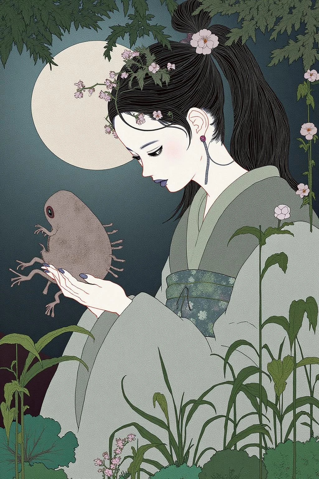 kchiba1 illustration.
A young woman with her hair styled in a high ponytail adorned with a small delicate flower. She is looking down at a toad in her hand.
There is a bright full moon in the background.
<lora:kchiba1_cap_d6a3:1.0><lora:837662770695521049:0>