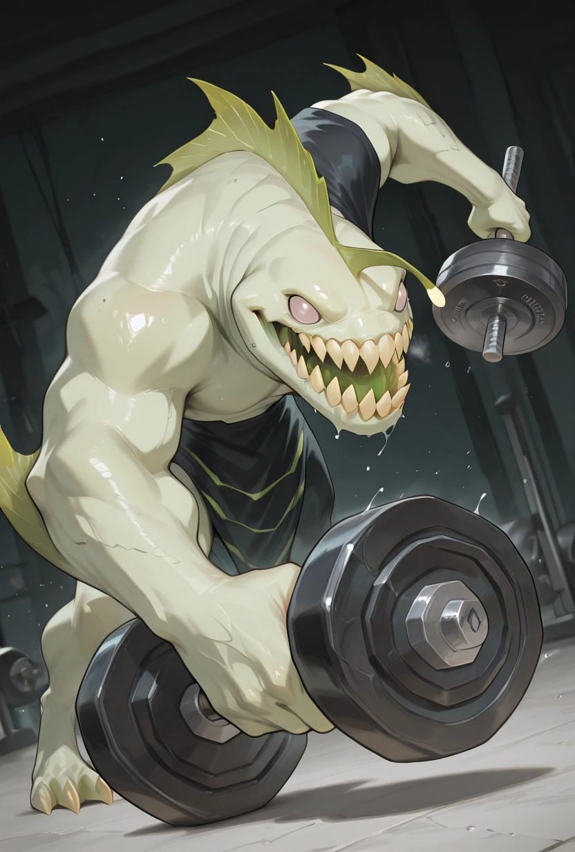 <lora:ripjaws-08:1> ripjaws, sharp teeth, solo, claws, 1boy, light green skin, no humans, dynamic pose, <lora:Two_Dumbbells:1> two dumbbells, oversized dumbbell, dumbbell, holding dumbbell, masterpiece, best quality, amazing quality, very aesthetic, absurdres, newest,