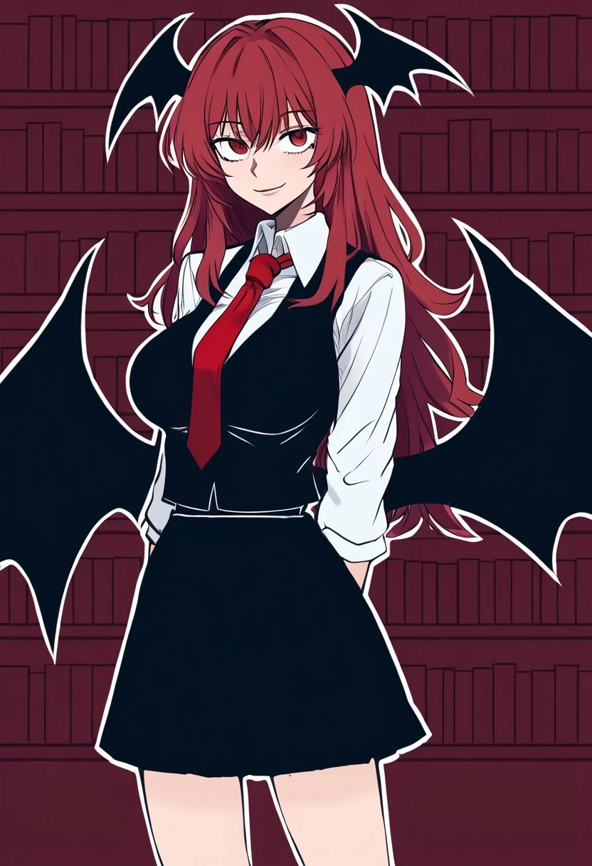 voyagehermitage style, ((library background)), ((books)), ((bookshelves)), (1girl), ((solo)), (standing), (posing), smirk, ((koakuma)), closed mouth, (red eyes), (red hair), ((long hair)), head wings, ((large breasts)), ((wings)), ((devil wings)), black dress, black skirt, black vest, dress, long sleeves, necktie, red necktie, shirt, skirt, vest, white shirt, looking at viewer
