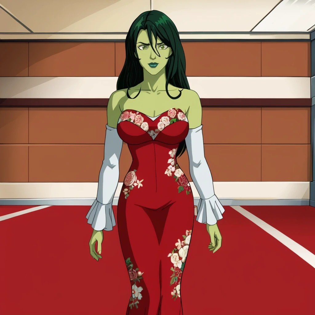 <lora:SheHulkFantasticFour_pony_v1:.8> SheHulkFantasticFourShow, 1girl, green hair, green skin, long hair, black hair, large breasts, lipstick, cowboy shot, <lora:1007 Chinese wedding dress_v1_pony:1> ruanyi1007,bare shoulders,detached sleeves,red dress,floral print,strapless dress,