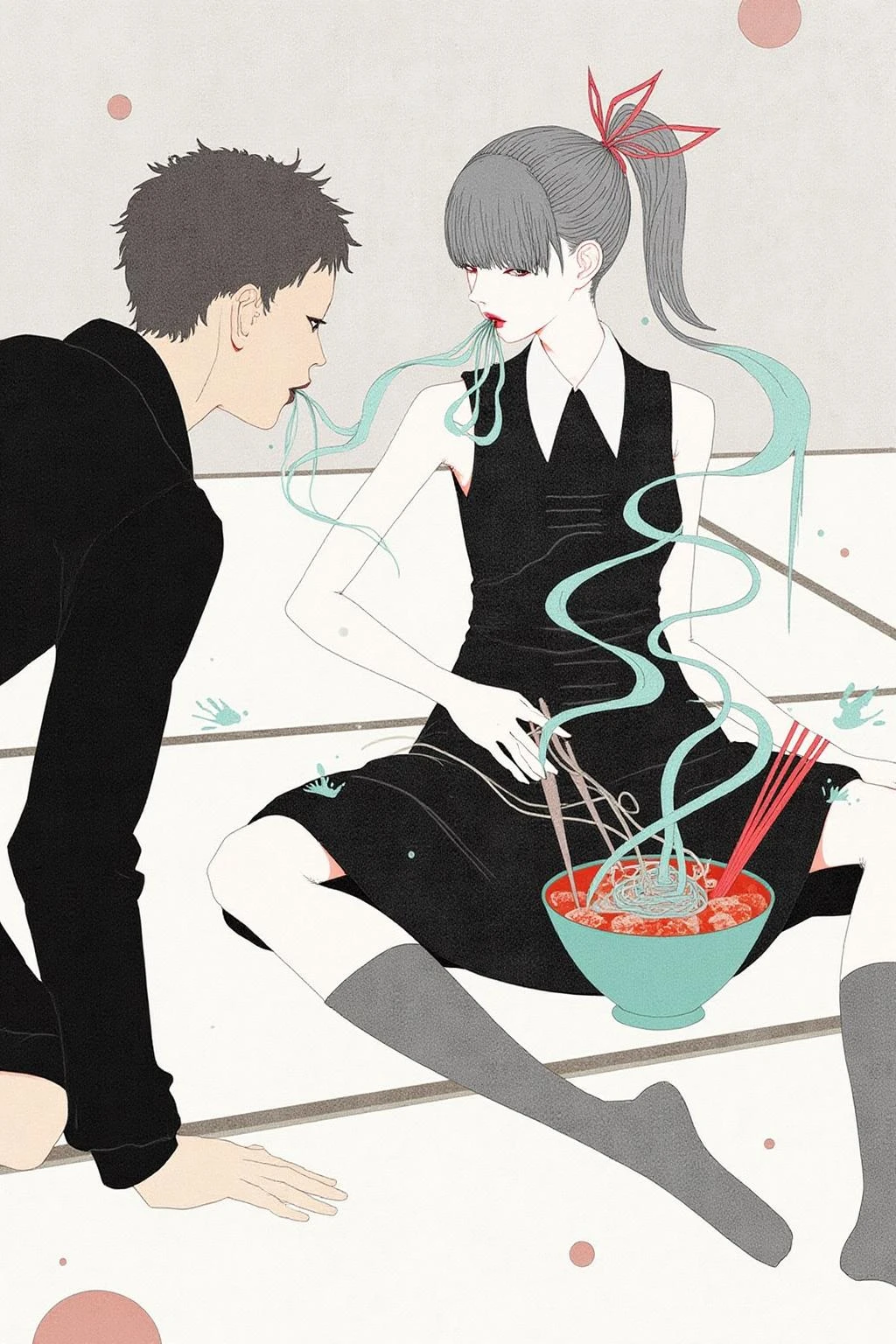 kchiba1 illustration.
On the right, a young woman with a slender, athletic build is seated on the ground. There is a bowl of hot ramen in front of her. She is slurping strands of noodles. On the left is a man, his back to the viewer, with his hand on the ground. <lora:kchiba1_cap_d6a3:1.0><lora:837656409849082065:0>