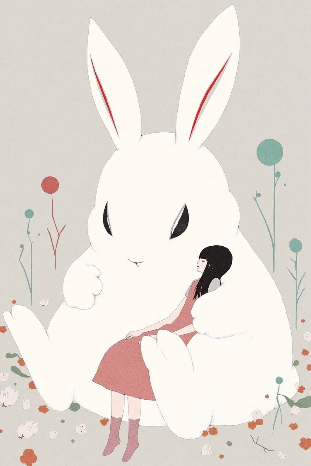 kchiba1 illustration.
A large white rabbit with exaggerated proportions. It is holding a young girl sleeping on its lap. The girl has long, straight black hair. <lora:kchiba1_cap_d6a3:1.0><lora:837651316017750140:0>