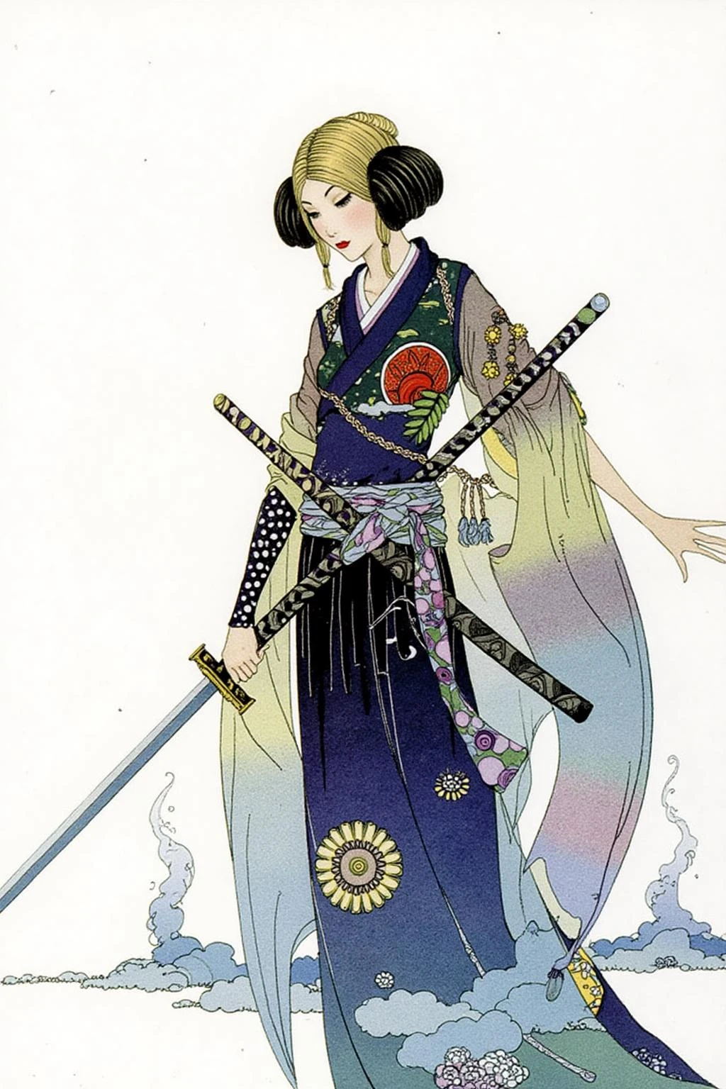 sterrett1 illustration. 
a female Japanese samurai warrior wielding a katana, blending form with reality. Glitching the surreal with blurred dreams on a white background. Woven light fuses delicatly with whispering shimmers creating a eyecatching and masterpiece artwork. drifting fog, cracked light and smokey haze in floating threads finishes the dreamlike reality. <lora:sterrett1_cap_d6a3e8:1.0><lora:837024362461701411:0>