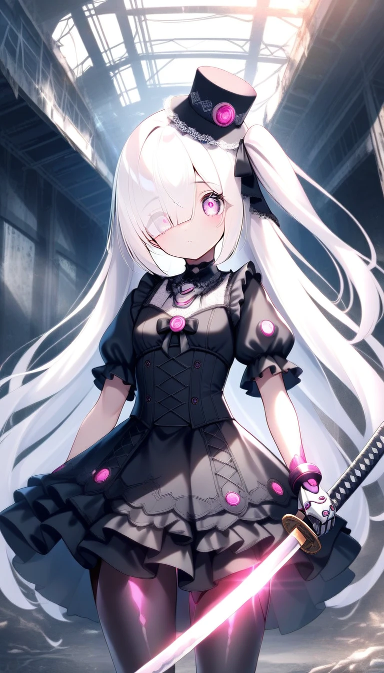 solo, a mechanical girl, holding a katana, mechanical body, white hair, one side up, long hair, hair over eye, long bangs, pink eyes, small dress hat, wearing white gothic dress, detailed dress, lace, white puff sleeves, short sleeves, frills, katana with lighting effect, abandoned factory, light ray, amazing quality, very aesthetic, best quality, absurdres, newest,