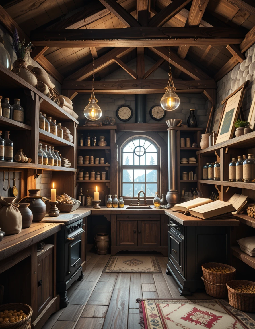 score_9, score_8_up, score_7_up,amazing quality, ultra realistic, 3D, HD, best quality, amazing quality, very aesthetic, absurdres
A highly detailed, realistic photograph of a medieval-style general store inspired by Skyrim, captured in soft, natural lighting. The interior features wooden beams and stone walls, aged and weathered, with shelves overflowing with various items: leather-bound books, glass potion bottles glowing faintly in green and blue hues, sacks of grains, and woven baskets filled with herbs. In the corner, a rustic fireplace crackles gently, casting warm, golden light across the room. Weapons like iron swords and steel daggers hang neatly on a wooden rack behind the counter, while a fur rug covers part of the worn wooden floor. On the wooden counter lies a small pile of gold coins beside an old ledger, with a candle burning low. The window shows a misty, pine-filled landscape outside, with soft daylight filtering through. The atmosphere feels cozy, immersive, and authentically Nordic, with rich textures, muted earthy colors, and a slightly cinematic fantasy style. No people are present, only the quiet ambiance of a world at rest.
skyrim general st0r3 <lora:skyrim_general_st0r3-p:1>