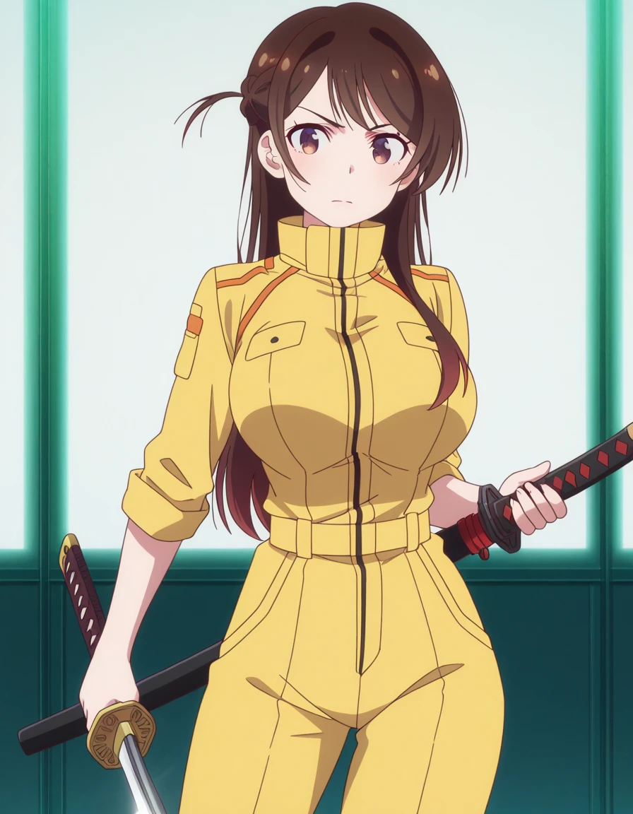 masterpiece, best quality, amazing quality,, <lora:chizuru-ichinose-s1-illustriousxl-lora-nochekaiser:1>, chizuru ichinose, long hair, bangs, brown hair, brown eyes, one side up, large breasts, mature female, anime screencap, sword guard stance, sword, weapon, solo, katana, holding, holding weapon, holding sword, looking at viewer, jumpsuit, yellow jumpsuit, high collar, cowboy shot, pants, , cowboy shot, solo