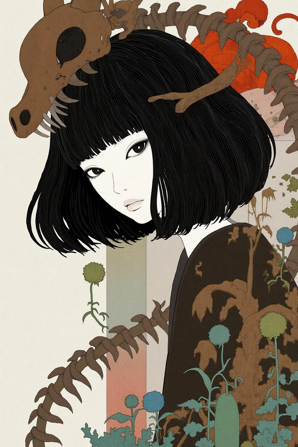 kchiba1 illustration.
A young woman with short, straight black hair with blunt bangs. Her face is framed by the skeletal head of a dragon. <lora:kchiba1_cap_d6a3:1.0><lora:837651882953444558:0>