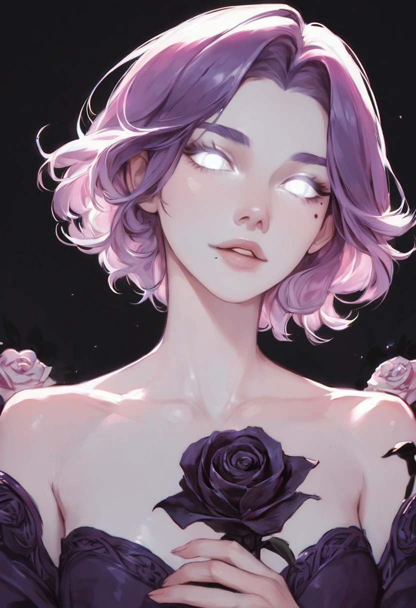 score_9, score_8_up, score_7_up, score_6_up, PRSNL4 Style, very aesthetic, digital drawing, 1girl, flower, mole, solo, portrait, rose, glowing, mole under eye, parted lips, looking at viewer, simple background, black background, purple theme, glowing eyes, white eyes, short hair